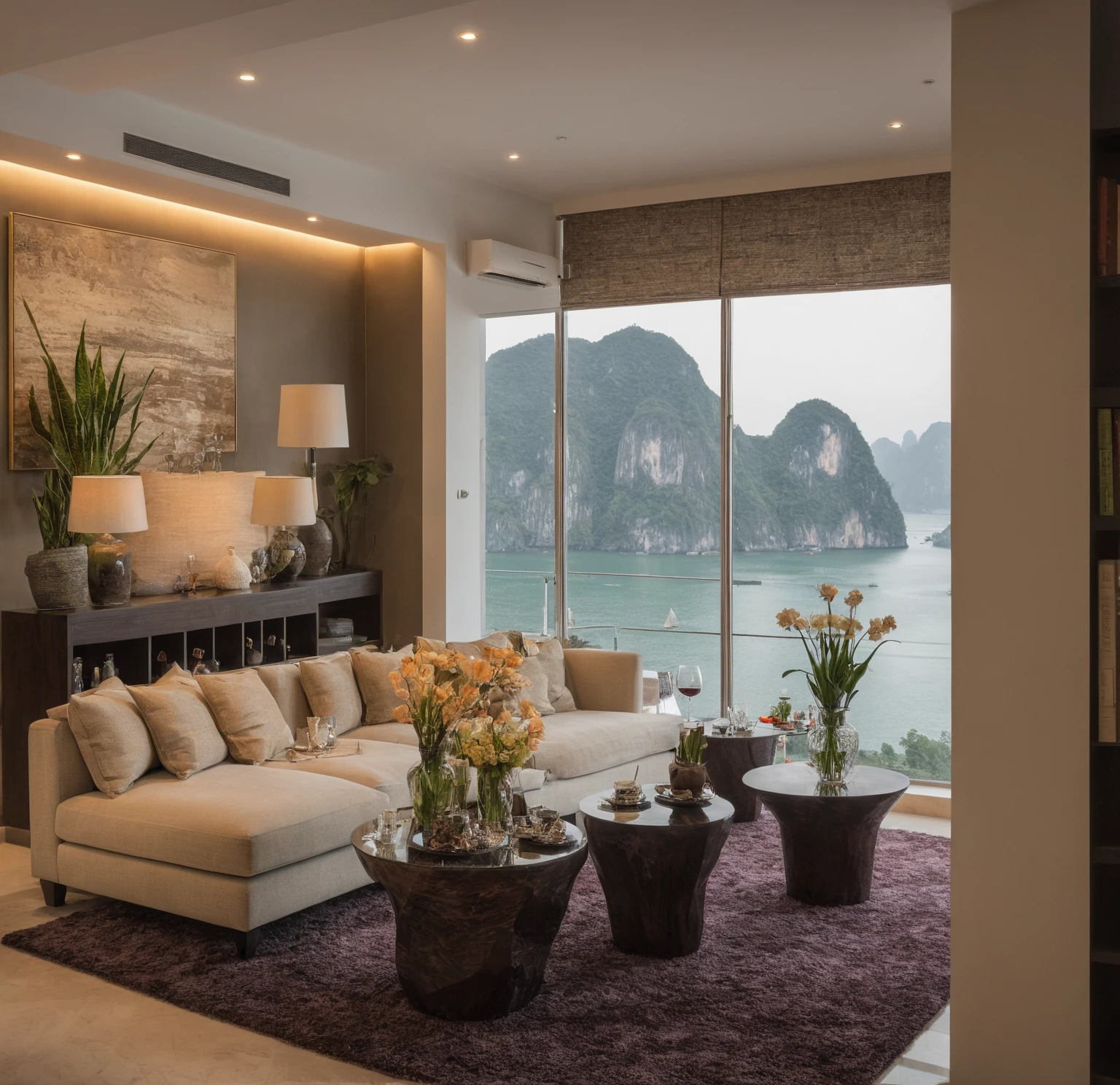 Raw photo,Masterpiece, high quality, best quality, authentic, super detail, interior, livingroom style modern luxury, sunset, day light, sofa, tea table, carpet, flower vase on tea table, wine bottle, tray, armchair, wine cabinet, books, glass cabinet doors, snake plant pot, halong bay view window, downlight, chandelier