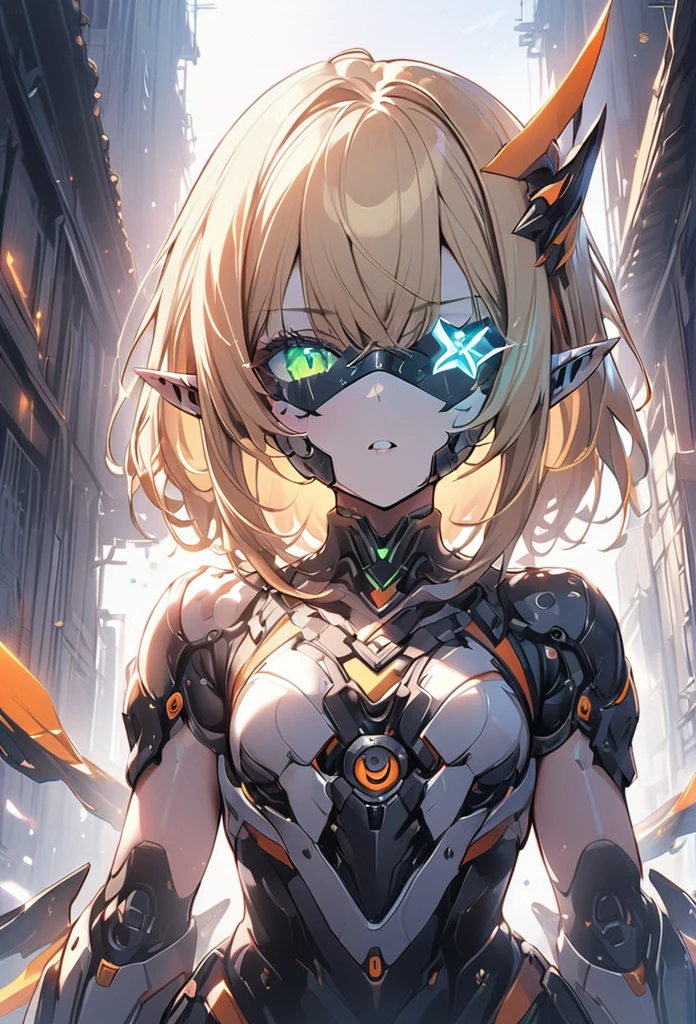 ((masterpiece,High resolution,Highest quality,8k))
(One ELF girl,quiet,8-year-old,Blonde Bob Hair,Beautiful hair quality,Transparent skin,,Small breasts,Slim body)(Female Robot,60% mechanical body,mechanical helmet,Blindfold helmet)
(Yellow-green aircraft)