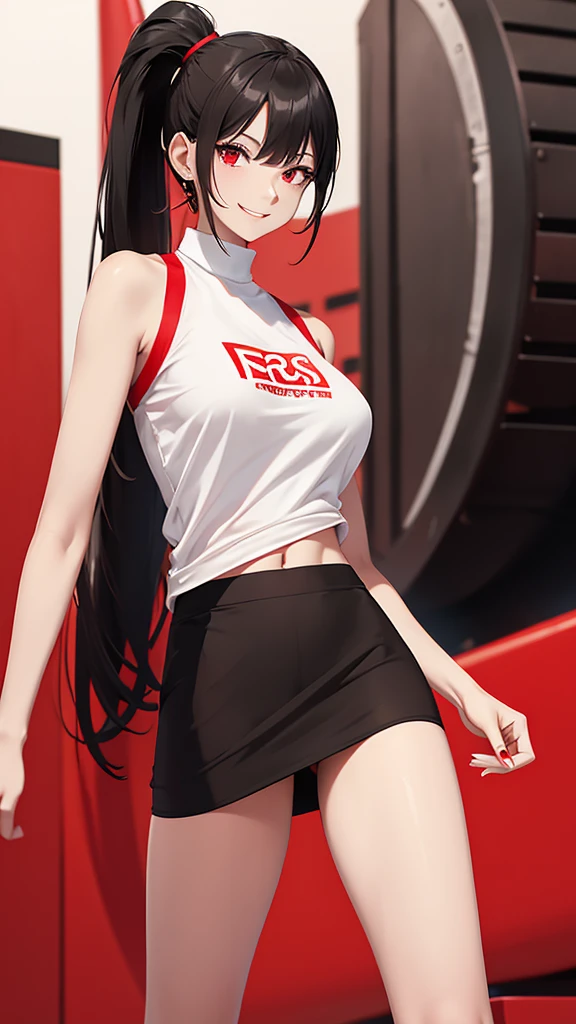 Slim beautiful woman, White skin, Red shirt, black mini skirt, bare legs, bare arms, black black hair,, hair ponytail, backwards, smiling, Red eyes, chocolate factory background.