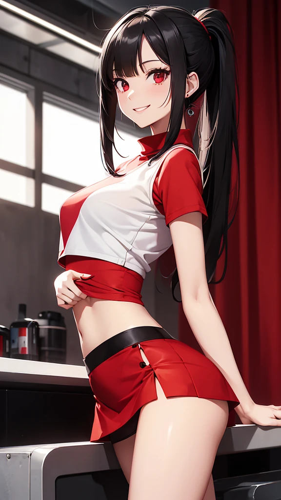 Slim beautiful woman, White skin, Red shirt, black mini skirt, bare legs, bare arms, black black hair,, hair ponytail, backwards, smiling, Red eyes, chocolate factory background.