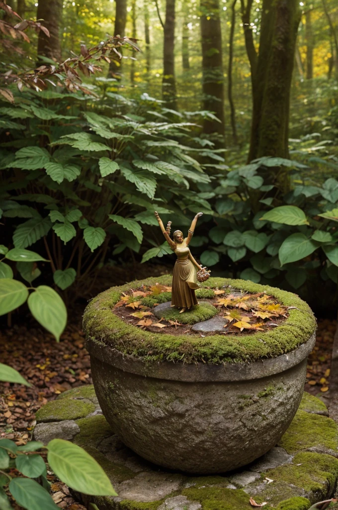 A whimsical miniature figure composed of delicately arranged autumn leaves, poised in a carefree dance on the rim of a weathered, moss-covered terracotta pot, set against a lush, vibrant forest backdrop, where dappled sunlight filters through the canopy above, casting intricate shadows. The overall aesthetic is ethereal, with warm, earthy tones of sienna, umber, and olive green, infused with hints of emerald and golden light, evoking a sense of wonder and enchantment, as if plucked from a fantastical realm.