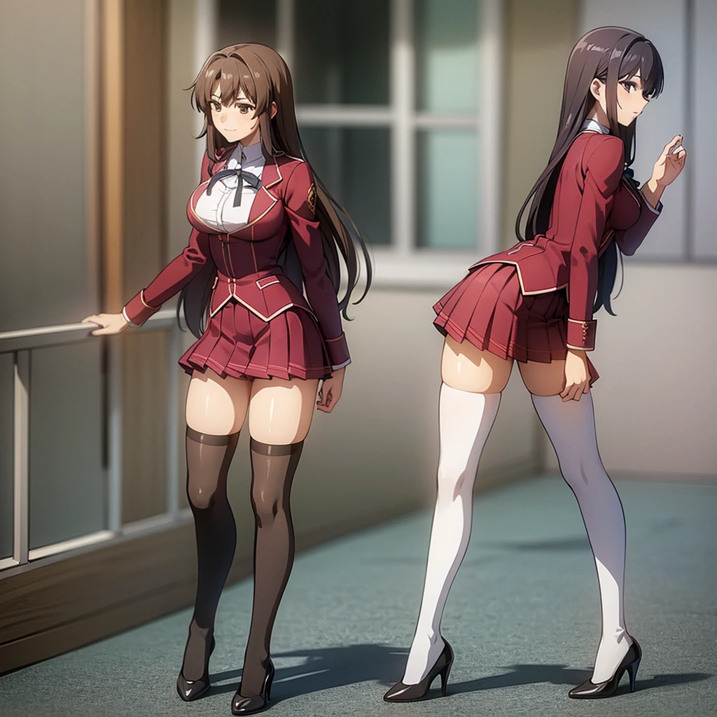 Masterpiece, high quality, 2girls, duo, identical twins, identical sisters, brown hair, curly hair, matching hairstyles, hazel eyes, medium sized bust, (school uniform, sexy school uniform, blazer, lace section, ribbon, rainbow short skirt, white thigh-high socks, black high heels, matching outfits), smile, flat_colour, full body, seductive pose, Duo pose: From the side angle, people&#39;s body curves are beautiful.
hugged from the side