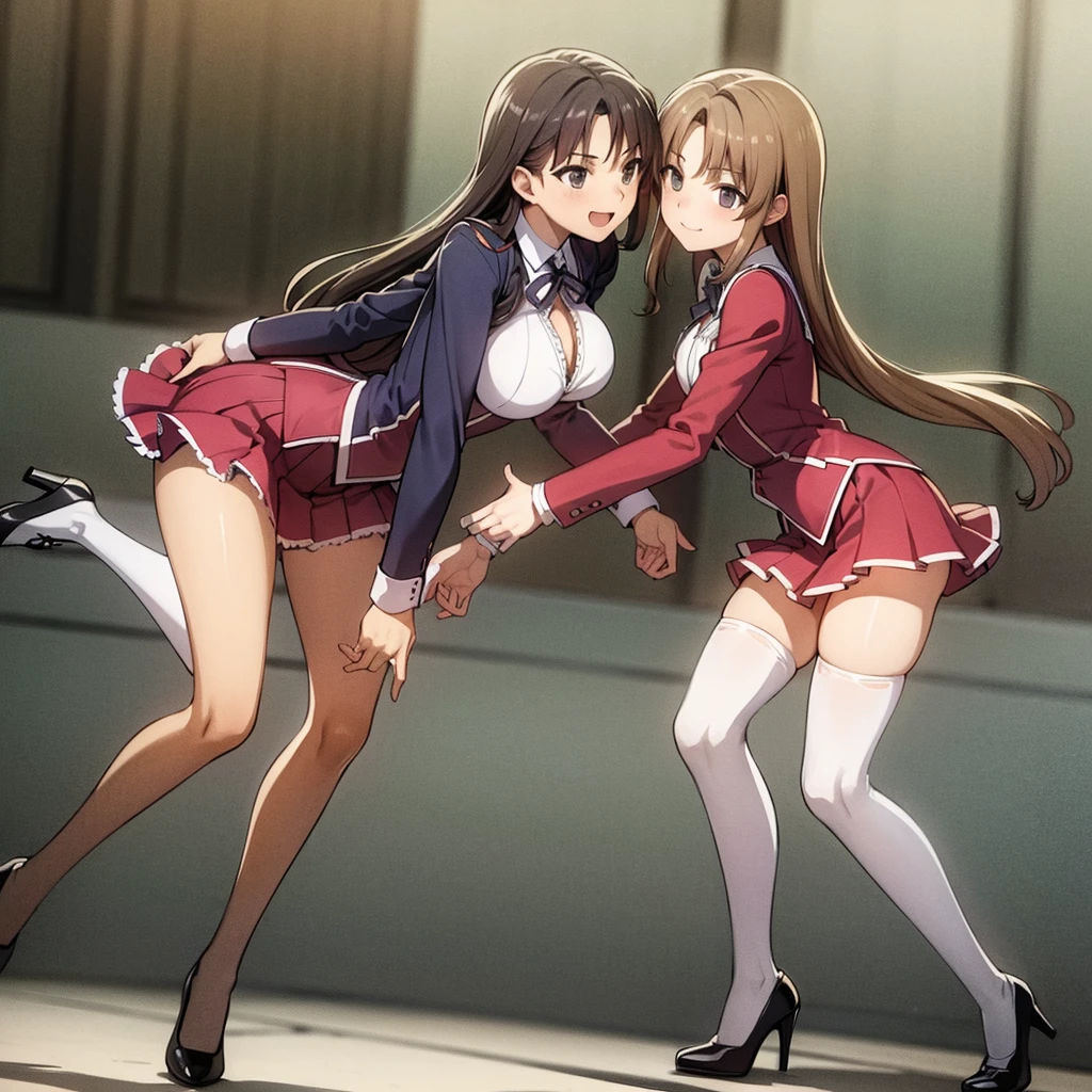 Masterpiece, high quality, 2girls, duo, identical twins, identical sisters, brown hair, curly hair, matching hairstyles, hazel eyes, medium sized bust, (school uniform, sexy school uniform, blazer, lace section, ribbon, rainbow short skirt, white thigh-high socks, black high heels, matching outfits), smile, flat_colour, full body, seductive pose, Duo pose: From the side angle, people's body curves are beautiful.
hugged from the side