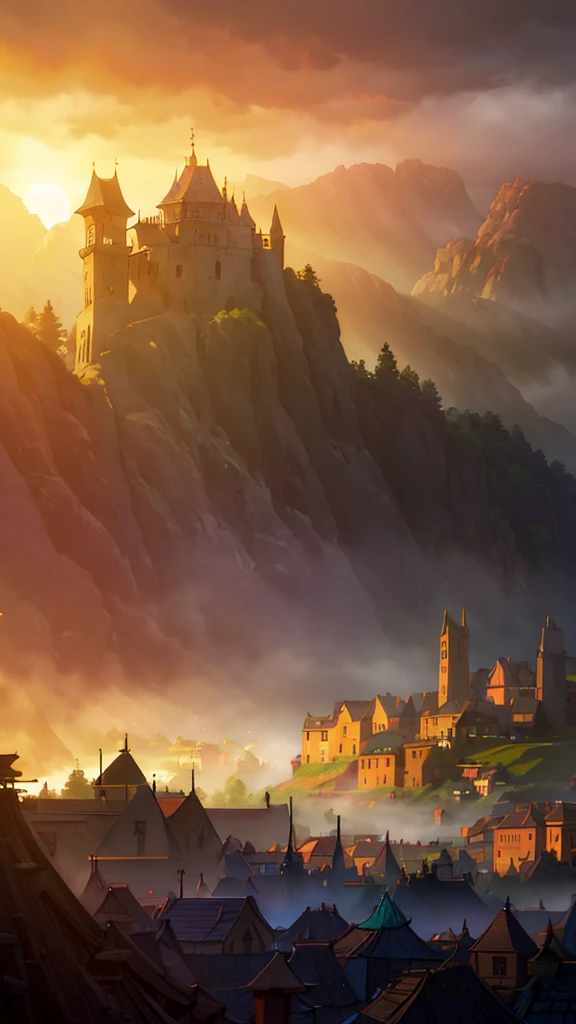 realistic tenebrosa oil painting of a medieval village at sunrise, mossy, mist, misty, eyeshadows, misterious, mythical, tenebrosa, Rays of light shine through the forest, ambient, Depth of field, volumetric lighting, cinematic lighting, temperamental, heavy tenebrosaness, black sky, low angle perspective, por Eyvind Earle