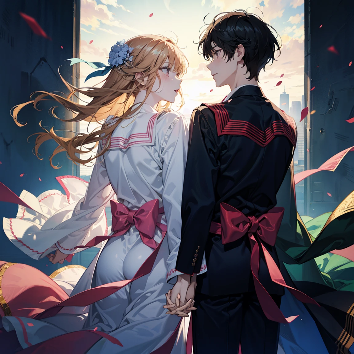 anime couple holding hands wearing graduation gowns