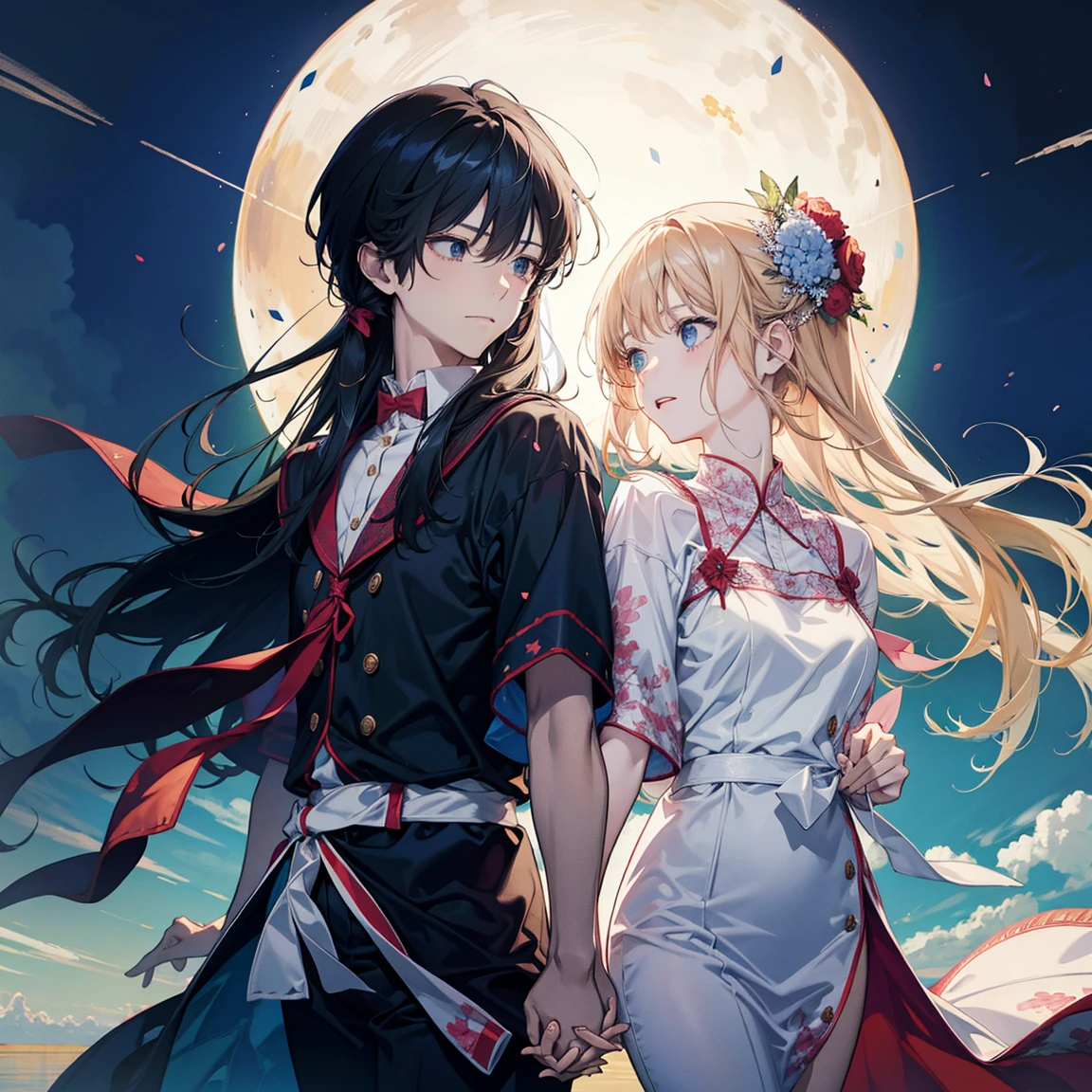anime couple holding hands wearing graduation gowns