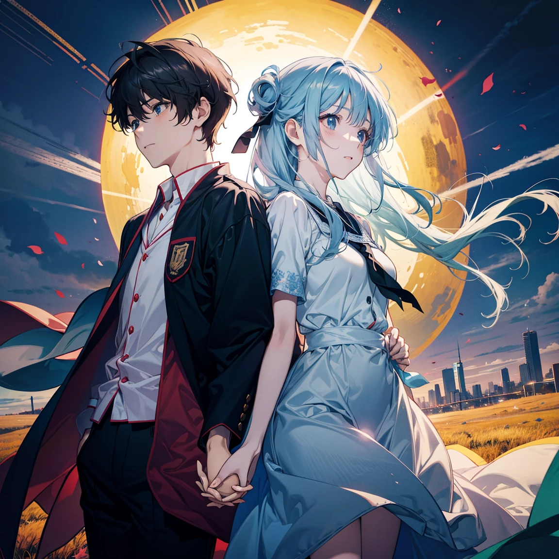 anime couple holding hands wearing graduation gowns