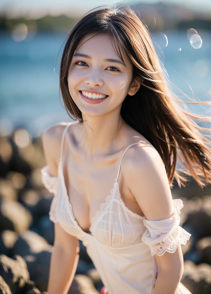 22year old beautiful girl、Beauty、Japanese、cute、beautiful girl、slim、Highest quality、Realistic、16K、panoramic、((Best Quality, 8k, Masterpiece: 1.3)), 1 girl, full body, slim face, beautiful woman,Only one girl、((Perfect body)))、(masterpiece)、((Highest quality))、(Ultra-detailed)、((Very delicate and beautiful))、(((Very shallow depth of field)))、Hmph，(((Unbelievably absurd)))、((Perfect body)))、(((Black-haired)))、(((Shortcuts)))、(Okabo Hair)、(((Looking into the camera)))、(((The best smile that makes you happy)))、White lace dress、Dynamic Angle、Female focus、{Particles of light}、Delicate background、((Paul Hedley)))、Soft lighting、(Dramatic sunset)、sunset、Very beautiful sunset、Live Action、Realistic、Top view、Cute Smile、(The background is blurred)、Larger breasts、((wind))、(((Movement)))、(((Emotional)))、((colorful))、((Beautiful Teeth)) 、Flare、Ocean background、Shooting from a distance