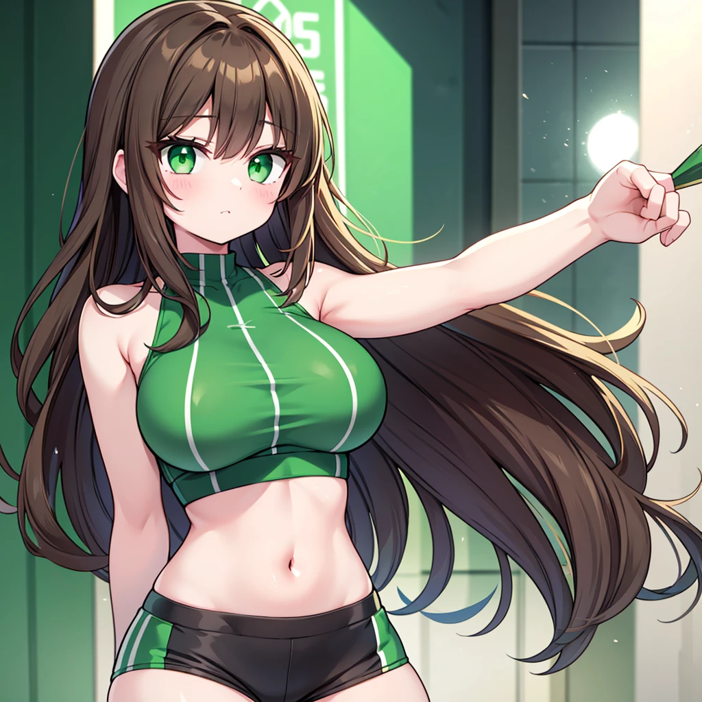 Nicole is a stunning brunette with long hair and emerald green eyes. She's wearing a tight-fitting crop top and high-waisted shorts that accentuate her curves perfectly. She's friendly and outgoing, always up for a good time