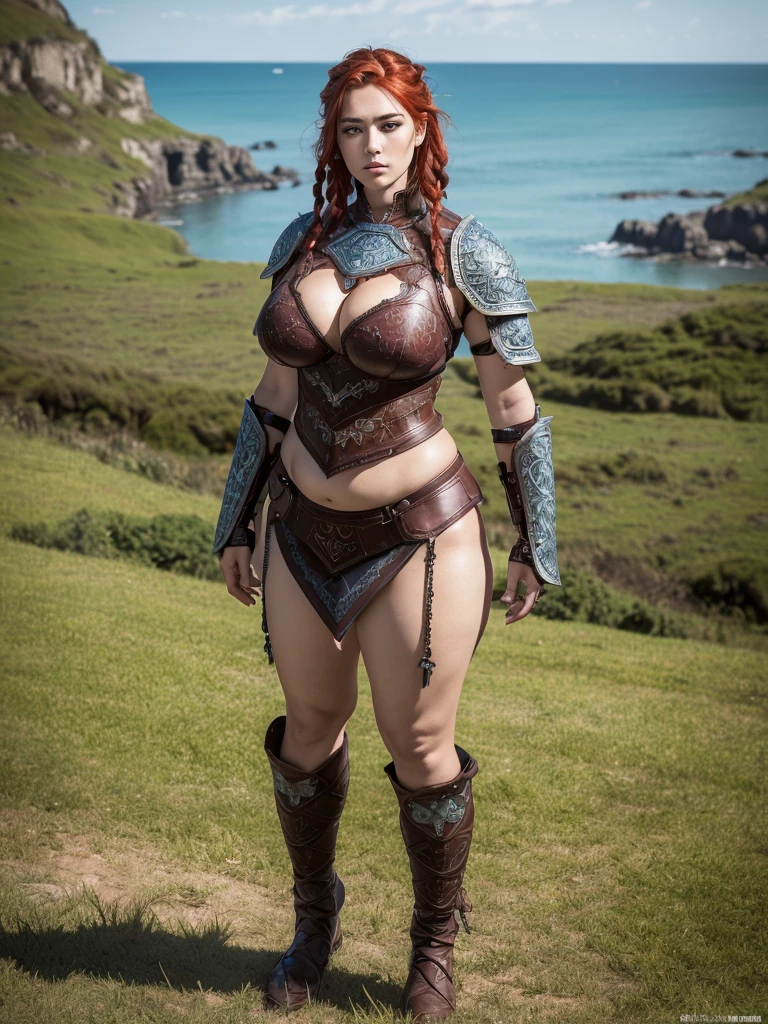 1 female, ((8k)), Mature Woman, Focus Only, ((8k, Highest quality:1.2))、((masterpiece)), High resolution, (Skin Texture:1.1), Highest quality, 超High resolution, (Realistic: 1.4), RAW Photos,((Perfect Face))、Age 35, Beautiful Swedish Woman,((Full Body Tattoo))、 ((leather armor)), (((Big Breasts))), (( Background coast)), (((Voluptuous body))), (((obesity))),Barbaric, Red hair braids, (warrior outfit), ((The background is a grassland)),bluish eyes,((Have a battle axe)), masterpiece, ((Ultra HD)), Insane Details, Realistic, Detailed face, 詳細なSkin Texture, Blurred Background, battlefield, Dynamic Angle, Berserk, Wearing a vest, (((Big Breasts))), Wearing leather armor, Looking into the camera, The background is the sea, looking at the camera, Fitted long trousers, Perfect Face, Delicate eyes, He is wearing brown, Voluminous lips, Big eyes, (((Intricately patterned leather armor))), (Exposed navel)、(((short hair)))、(((breastplate)))、Cleavage、((Full Body Tattoo))、
