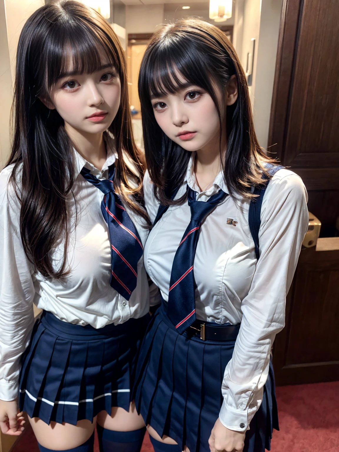 (8K, Raw photography, top-quality, ​masterpiece:1.2), master piece, best quality, illustration, Super detailed, fine details, High resolution, 8K,wall paper, perfect dynamic composition,(Details High quality, realistic depiction of eyes:1.3), ((2 girls, 2 schoolgirls)), The background is a luxury hotel room、High school girl uniform、Super Short Check Uniform Skirt、Navy blue high socks、garterbelts、Colossal tits、Disturbed uniform, Play with each other,Touching each other's bodies,Touching the body of the girl next door, short bob hair, black hair color, huge breasts, Big Natural Color Lip, bold sexy pose, (perfect body shape), crying a little、cold gaze,  Beautiful makeup,glitter makeup,Cutest 18 years old, beautiful legs, hposing Gravure Idol, Voluptuous thighs
