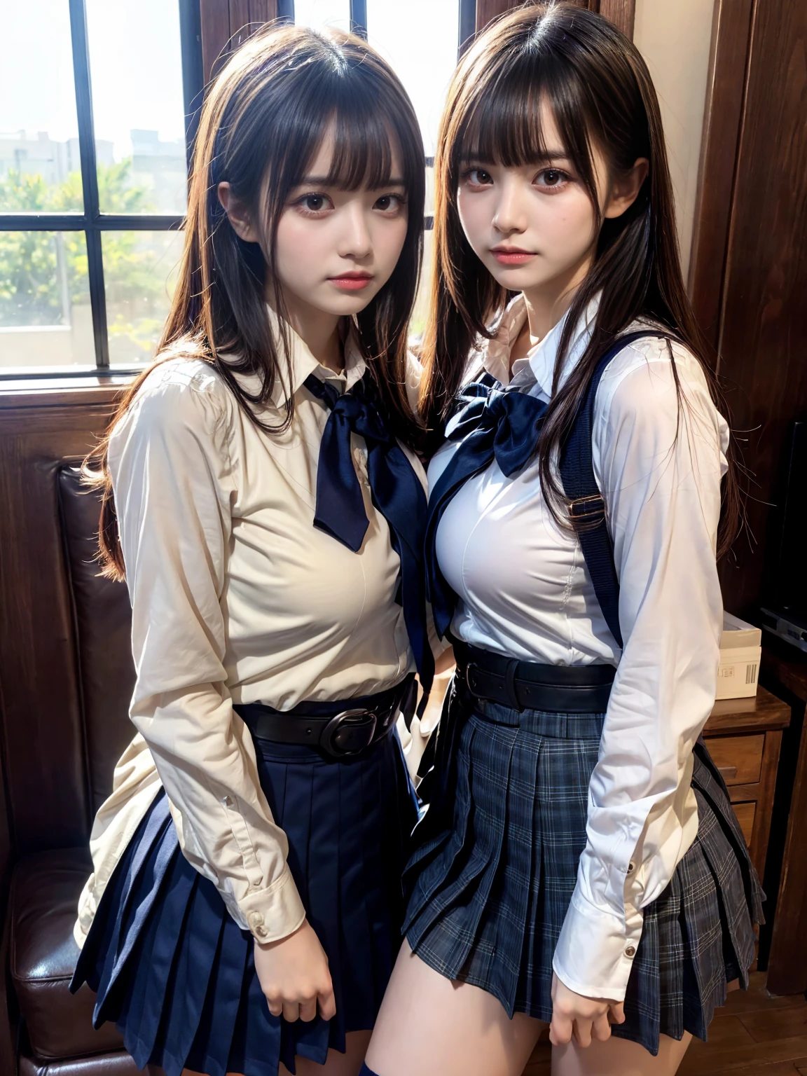 (8K, Raw photography, top-quality, masterpiece:1.2), master piece, best quality, illustration, Super detailed, fine details, High resolution, 8K,wall paper, perfect dynamic composition,(Details High quality, realistic depiction of eyes:1.3), ((2 girls, 2 schoolgirls)), The background is a luxury hotel room、High school girl uniform、Super Short Check Uniform Skirt、Navy blue high socks、garterbelts、Colossal tits、Disturbed uniform, Play with each other,Touching each other's bodies,Touching the body of the girl next door, short bob hair, black hair color, huge breasts, Big Natural Color Lip, bold sexy pose, (perfect body shape), crying a little、cold gaze, Beautiful makeup,glitter makeup,Cutest 18 years old, beautiful legs, hposing Gravure Idol, Voluptuous thighs