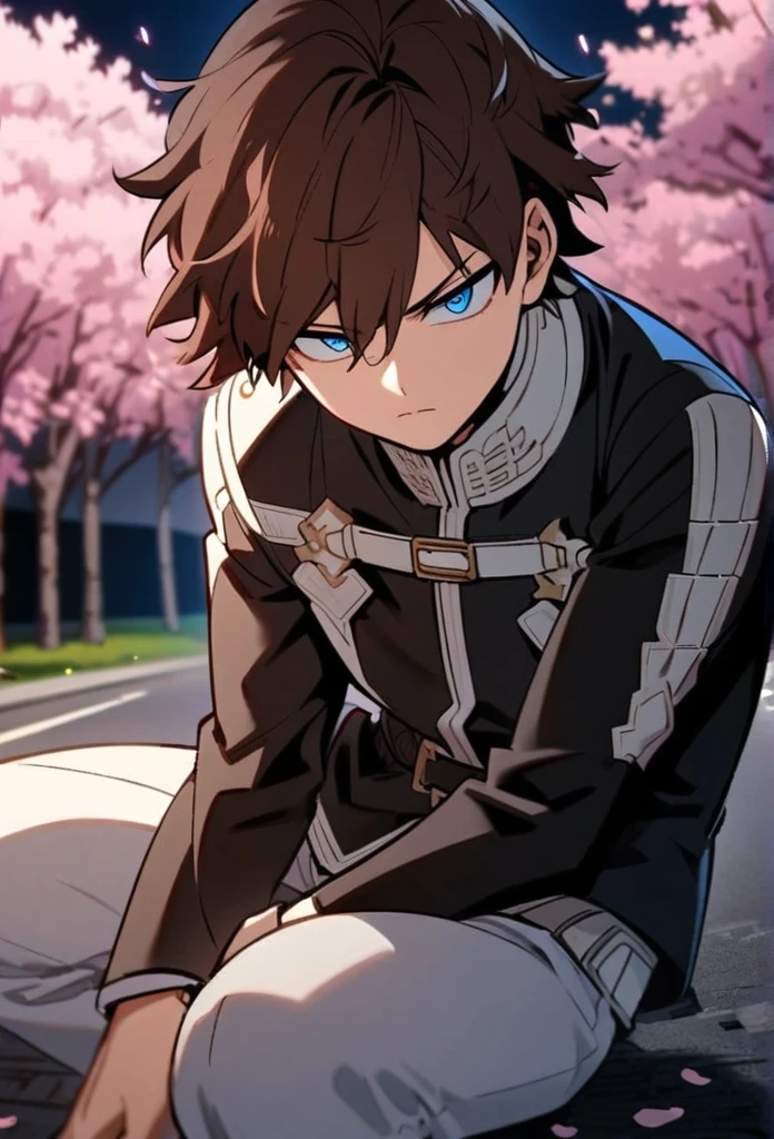 A serious brown-haired, Wavy shoulder-length blue-eyed boy, With a black jacket with white details and white pants, In a calm pose, on a street in the middle of the night with cherry blossom trees, Boku no hero academy style