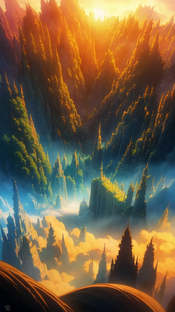 realistic tenebrosa oil painting of a medieval village at sunrise, mossy, mist, misty, eyeshadows, misterious, mythical, tenebrosa, Rays of light shine through the forest, ambient, Depth of field, volumetric lighting, cinematic lighting, temperamental, heavy tenebrosaness, black sky, low angle perspective, por Eyvind Earle