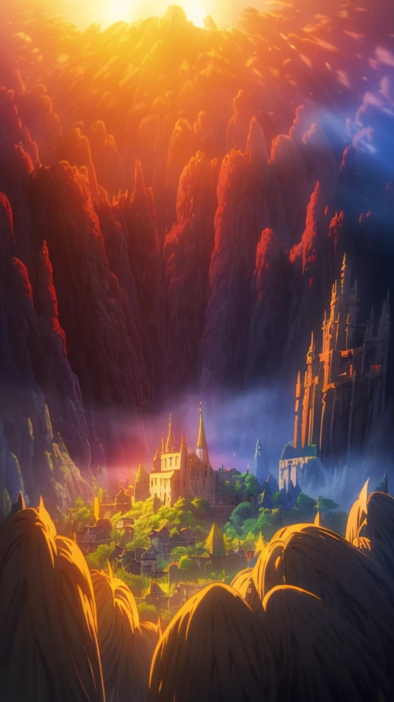 realistic tenebrosa oil painting of a medieval village at sunrise, mossy, mist, misty, eyeshadows, misterious, mythical, tenebrosa, Rays of light shine through the forest, ambient, Depth of field, volumetric lighting, cinematic lighting, temperamental, heavy tenebrosaness, black sky, low angle perspective, por Eyvind Earle
