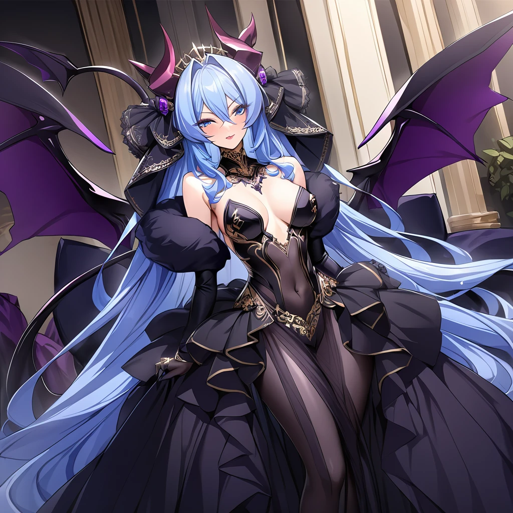 ((Highest quality)), ((masterpiece)), (detailed), （Perfect Face）、The woman is a beautiful, jet-black female demon, the queen of evil, Devil Extia, with medium-long blue hair, wearing a luxurious black wedding dress with gold embroidery and trim, a black wedding veil, an engagement ring, and luxurious accessories. She is an elegant, beautiful female demon, the queen of evil.、A great demon with jet black skin, evil devil horns, devil wings and a devil tail.