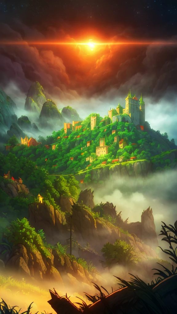 realistic tenebrosa oil painting of a medieval village at sunrise, mossy, mist, misty, eyeshadows, misterious, mythical, tenebrosa, Rays of light shine through the forest, ambient, Depth of field, volumetric lighting, cinematic lighting, temperamental, heavy tenebrosaness, black sky, low angle perspective, por Eyvind Earle