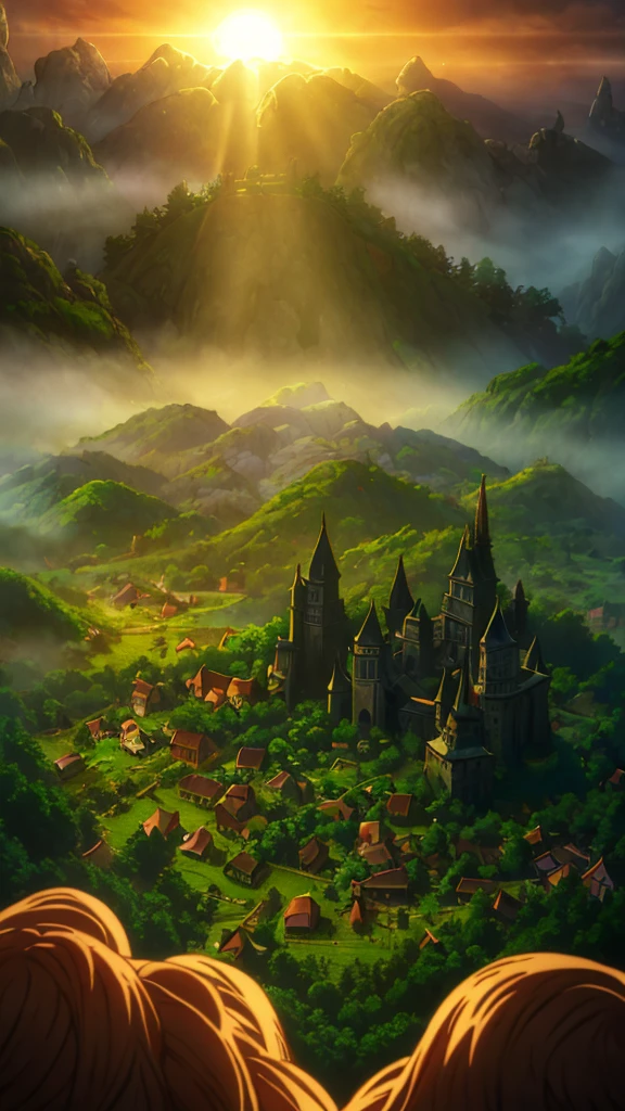 realistic tenebrosa oil painting of a medieval village at sunrise, mossy, mist, misty, eyeshadows, misterious, mythical, tenebrosa, Rays of light shine through the forest, ambient, Depth of field, volumetric lighting, cinematic lighting, temperamental, heavy tenebrosaness, black sky, low angle perspective, por Eyvind Earle