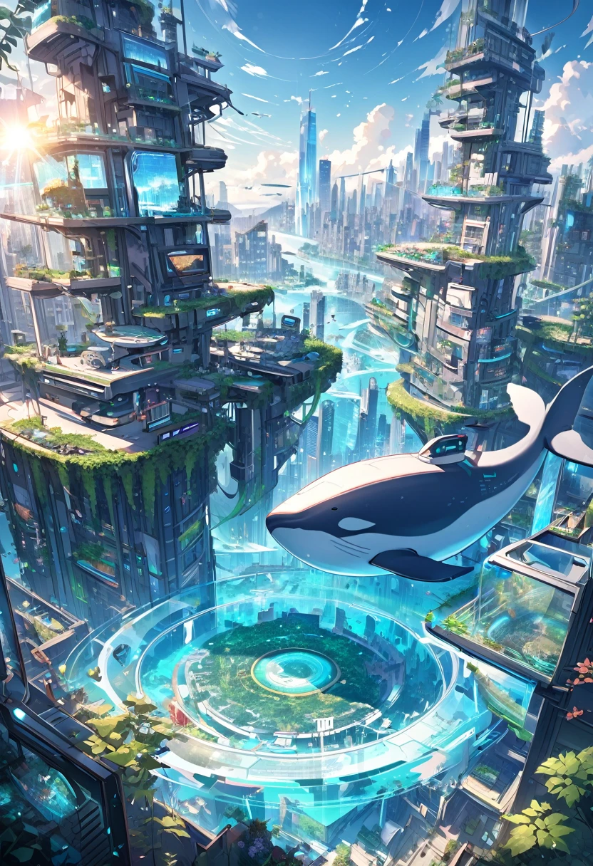 futuristic city, nature, , whale,seabed，seaweed， Mechanical, Sunlight, skyscraper, hologram,, near future, city View, science and technology, vivid, fantasy，meticulous