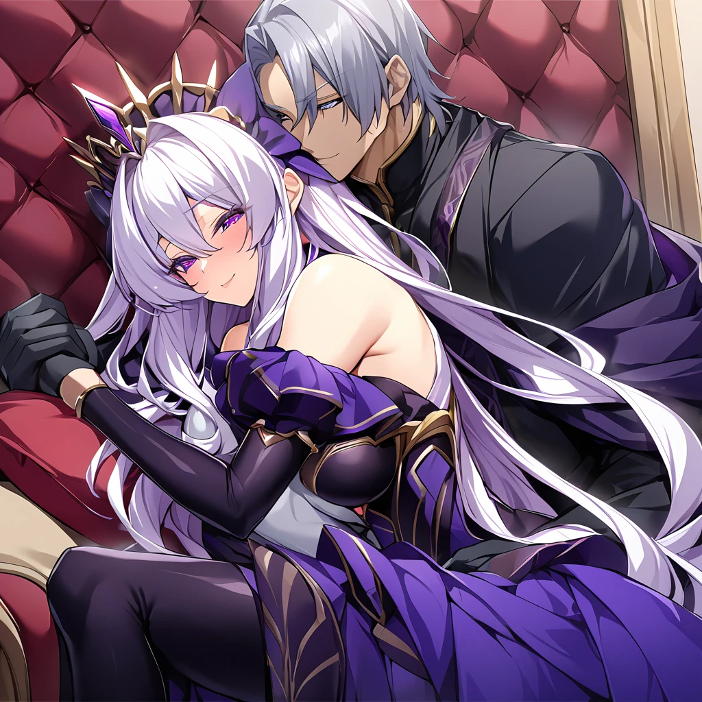 ((Highest quality)), ((masterpiece)), (detailed), (Perfect Face)、The woman is the evil queen, Dark Extia, an evil transforming heroine with medium-long silver hair, a gorgeous evil queen dress with gold embroidery and trim, gorgeous accessories, and an engagement ring. With a truly happy expression on her face, she embraces the man she loves, leans close to him, and kisses him, happily accepting his caresses.、The man is the evil king, Naioro, a handsome man with medium-long silver hair, wearing a black bodysuit, doting on the woman, embracing her, caressing her, and making love to her.、A man and a woman are sitting close together on a luxurious throne, making love.、A man and a woman are a deeply loving couple