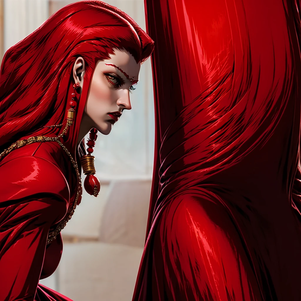 a beautiful girl with long dense curls of red hair, looking at her side profile, with a shocked and surprised expression, wearing a red dress, slender body and long necklace, navel
