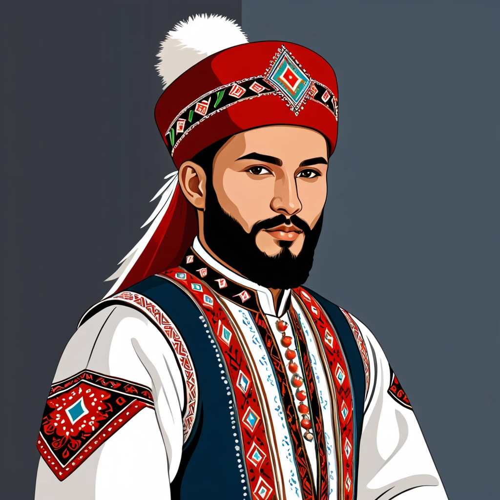 man in bashkir folk outfit, vector graphics, strong contours
