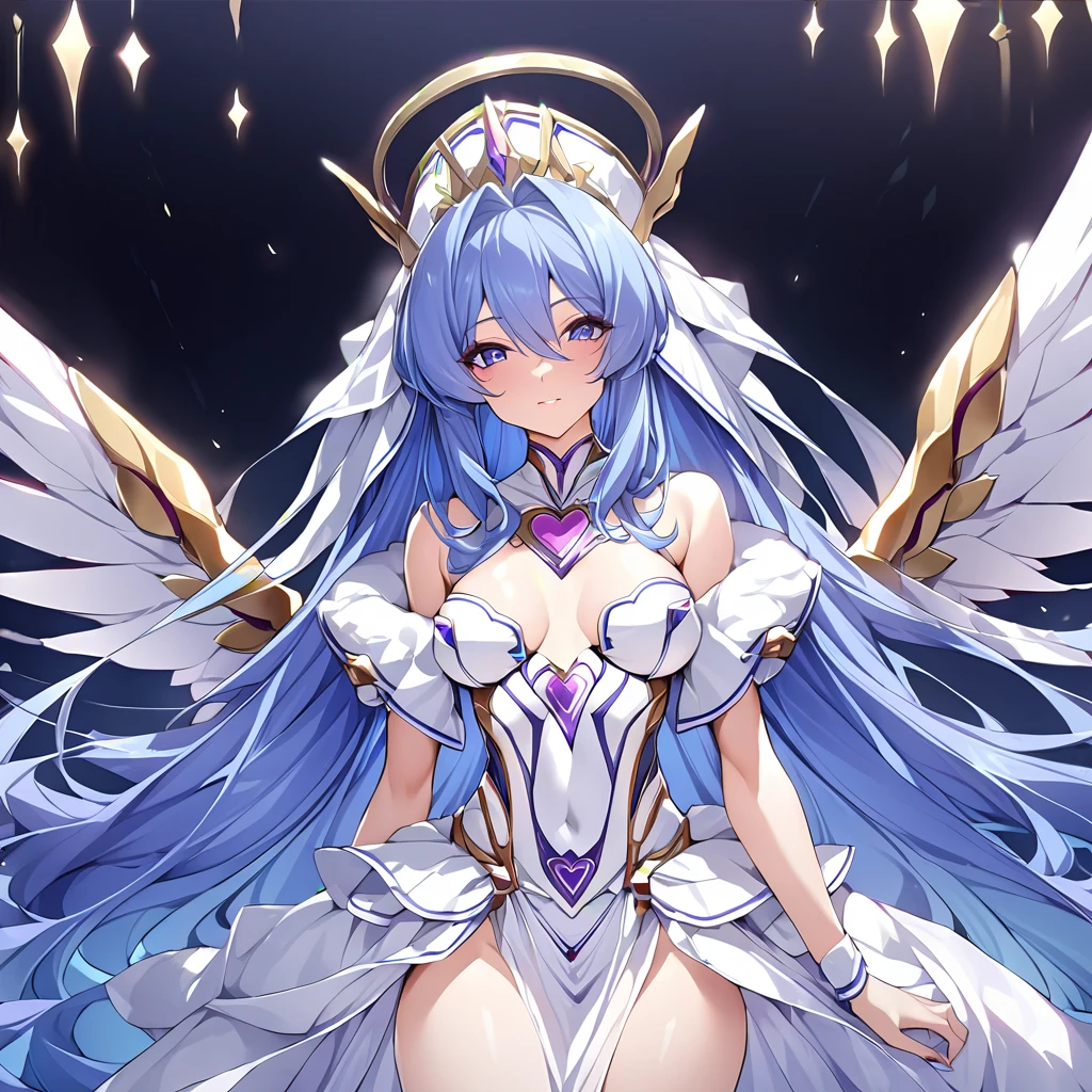 ((Highest quality)), ((masterpiece)), (detailed), (Perfect Face)、Women are messengers of God and great angels.6Extia is an archangel with wings and a shining halo above her head, and is the goddess of love.、The woman is the beautiful Queen of the Gods, Goddess Extia, with medium-long blue hair. She is wearing a gorgeous white wedding dress with gold embroidery and trim, a white wedding veil, an engagement ring, and gorgeous accessories. She is an elegant goddess and a beautiful queen of the gods.