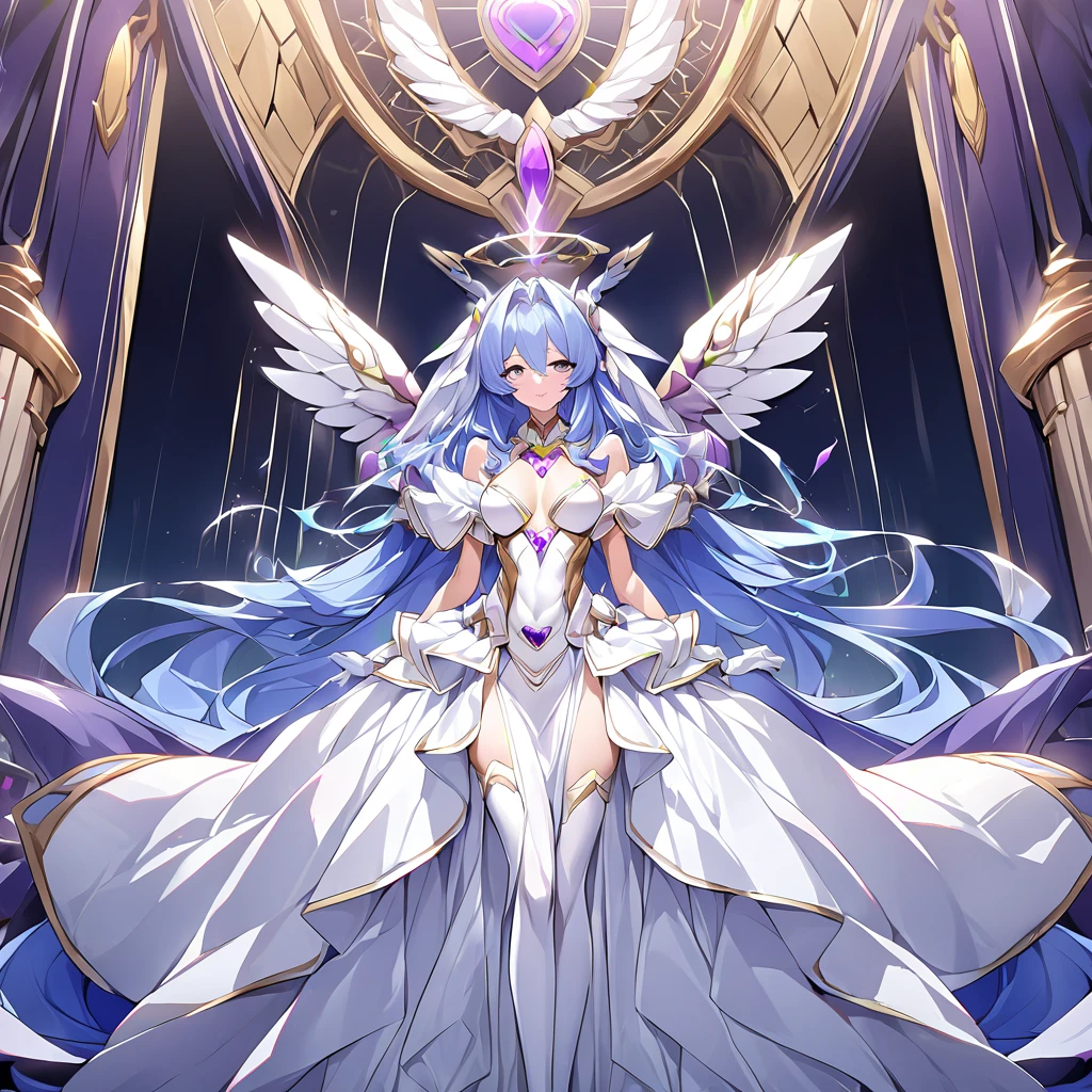 ((Highest quality)), ((masterpiece)), (detailed), （Perfect Face）、Women are messengers of God and great angels.６Extia is an archangel with wings and a shining halo above her head, and is the goddess of love.、The woman is the beautiful Queen of the Gods, Goddess Extia, with medium-long blue hair. She is wearing a gorgeous white wedding dress with gold embroidery and trim, a white wedding veil, an engagement ring, and gorgeous accessories. She is an elegant goddess and a beautiful queen of the gods.