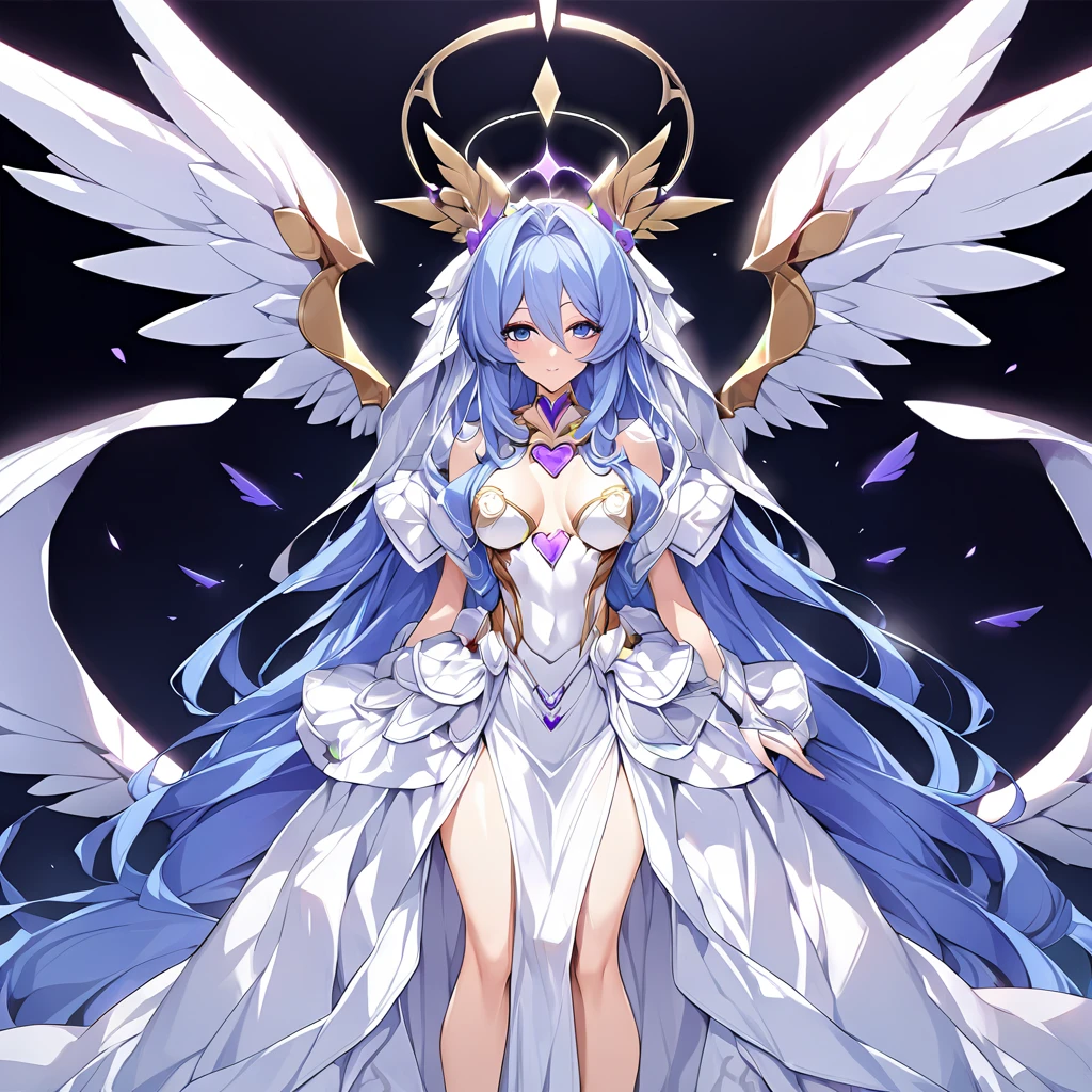 ((Highest quality)), ((masterpiece)), (detailed), （Perfect Face）、Women are messengers of God and great angels.６Extia is an archangel with wings and a shining halo above her head, and is the goddess of love.、The woman is the beautiful Queen of the Gods, Goddess Extia, with medium-long blue hair. She is wearing a gorgeous white wedding dress with gold embroidery and trim, a white wedding veil, an engagement ring, and gorgeous accessories. She is an elegant goddess and a beautiful queen of the gods.