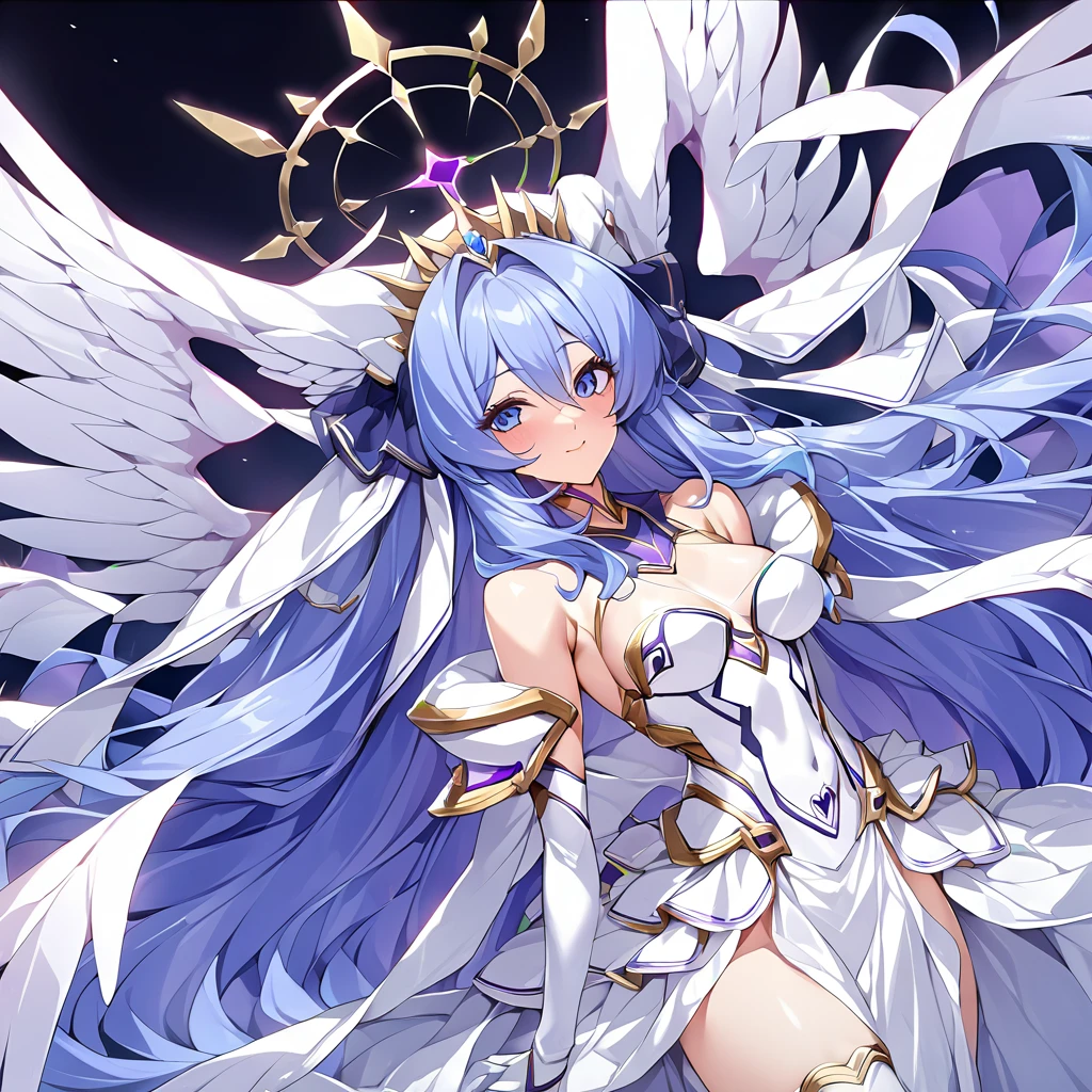 ((Highest quality)), ((masterpiece)), (detailed), (Perfect Face)、The woman was a great angel who became the Greek goddess Hera.6An archangel and god with wings and a shining halo above his head.々The wife of Zeus, the king of the gods, the goddess Hera Extella、The woman was the beautiful goddess Heraexia, queen of the one and only god Zeus. She had medium-long blue hair, was wearing a pure white dress with gorgeous gold embroidery and trim, an engagement ring, and gorgeous accessories. She was an elegant goddess, the beautiful goddess and queen of the gods Heraexia.