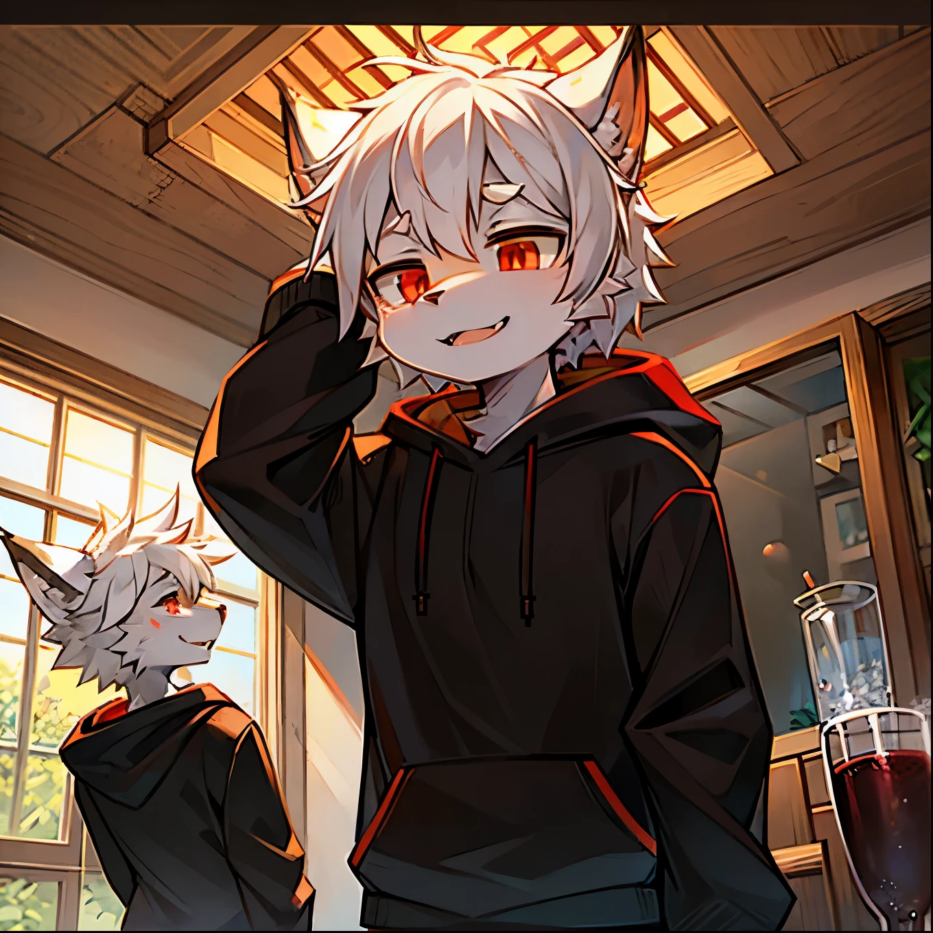 Fluffy,male,About 16 years old,Lynx,White hair,Red eyes,Orange pattern,Disdainful laughter,Yellow and black hoodie,Single front,Upper Body,Glass window,sunny