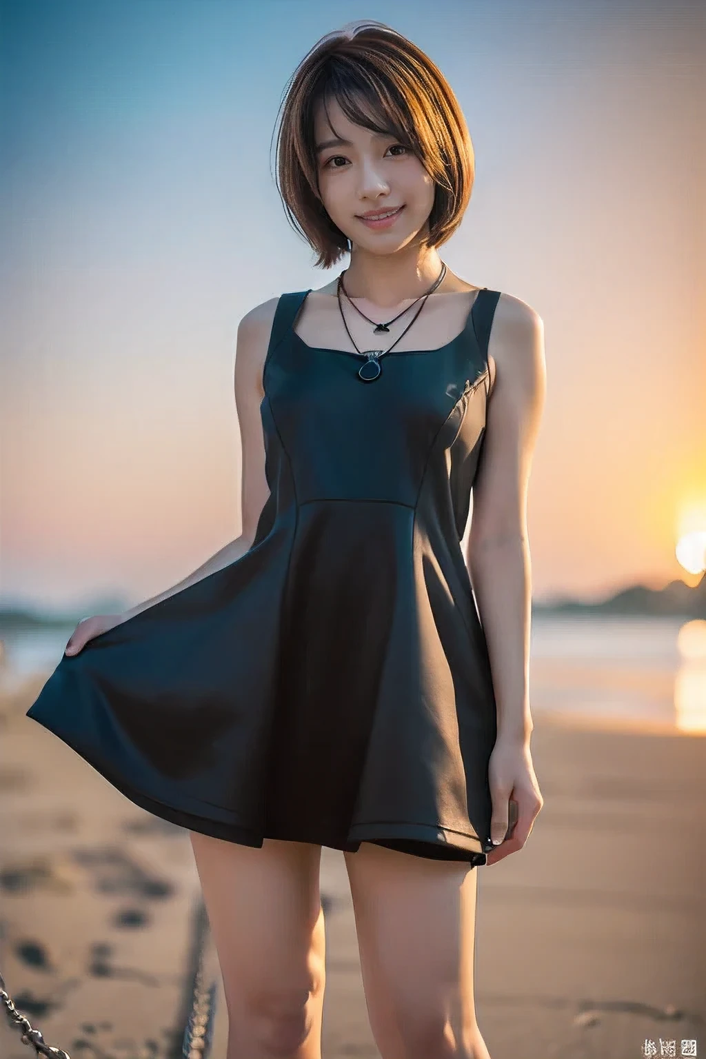 (Embracing each other with my boyfriend on the beach、Standing watching the sunset:1.5)、(A kind smile:1.5)、(18-year-old female:1.5)、(The best quality at its best:1.4), (Super detailed), (Very detailed CG unified 16k), Beautiful woman with perfect figure: 1.4, Sharp focus: 1.2, Very detailed, High-quality RAW color photos, Professional photography, Great face and eyes, cosmetics, (Amazingly beautiful girl), ((Cute black dress:1.5)), Realistic movie faces, Full body long view from head to toe, Realistic, ((Realistic natural orange red hairstyle)), ( Short Bob Hair:1.5), (necklace:1.5)、, Very beautiful face, Perfect model beauty, Mouth swelling, Highly detailed face and skin texture, Fine grain, double eyelid, Medium chest, (masterpiece), Highest quality, High resolution, Very detailed, Blurred Background, Depth of written boundary, Cinema Lighting, Great legs, , Clear, well-maintained skin,((Full body shot from head to toe:1.5))