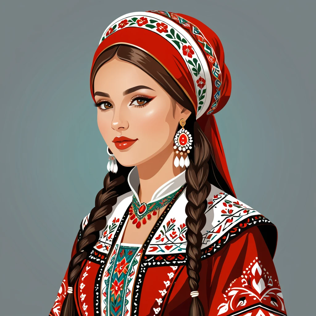 woman in bashkir folk outfit, vector graphics, strong contours
