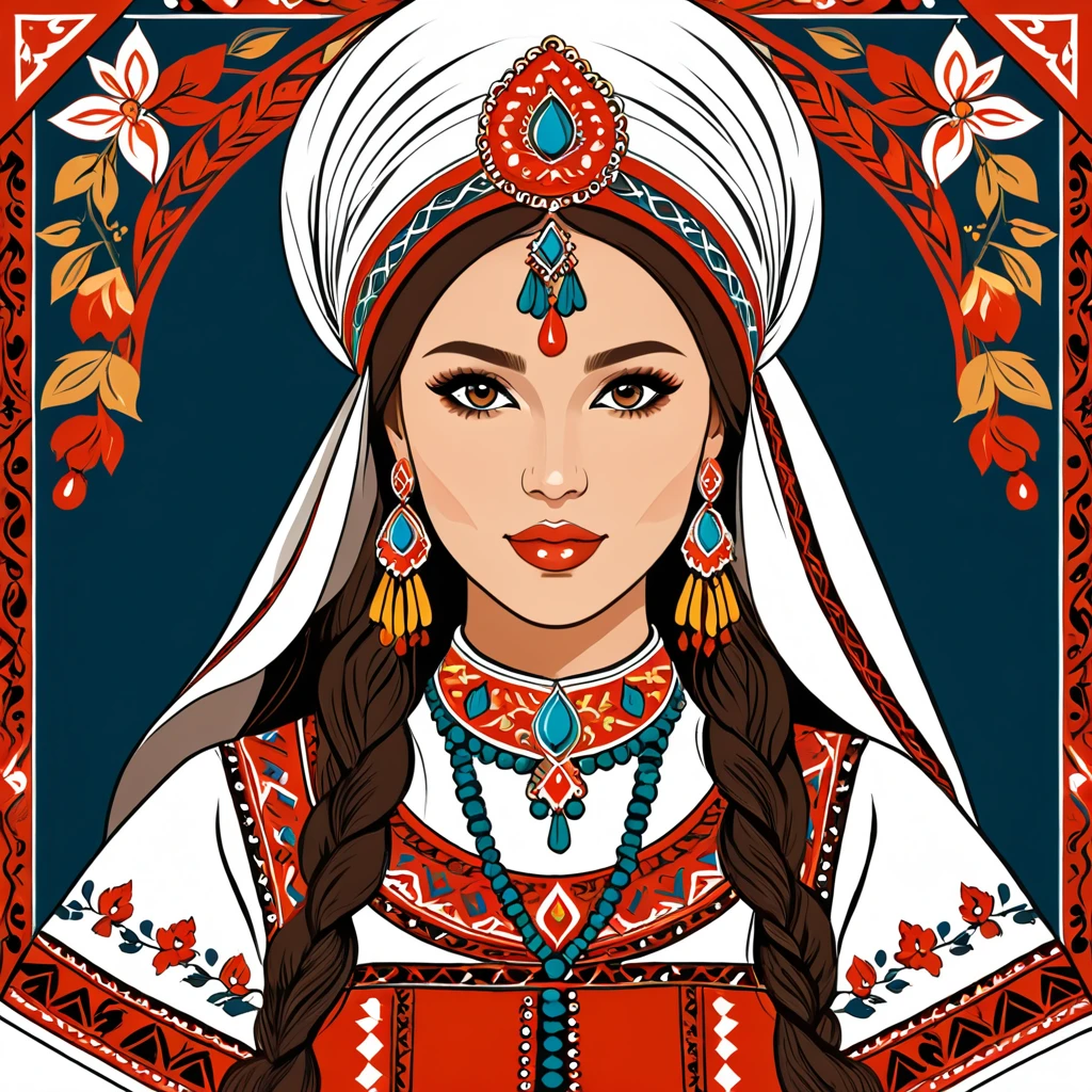 woman in bashkir folk outfit, vector graphics, strong contours
