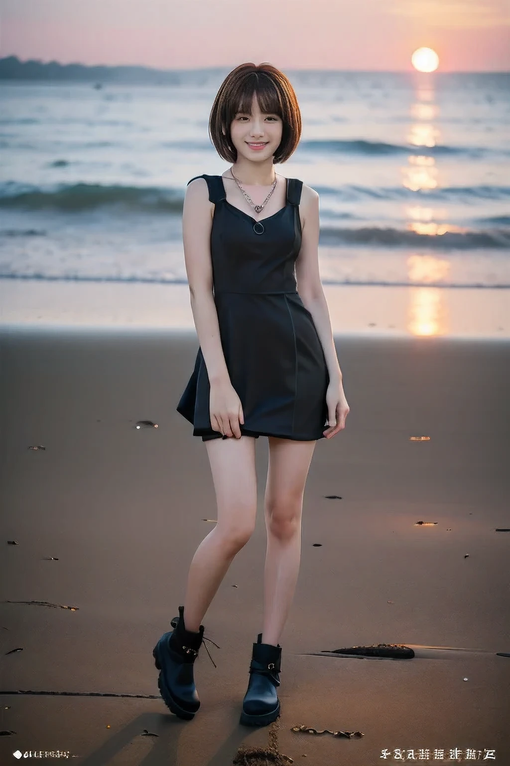(Embracing each other with my boyfriend on the beach、Standing watching the sunset:1.5)、(A kind smile:1.5)、(18-year-old female:1.5)、(The best quality at its best:1.4), (Super detailed), (Very detailed CG unified 16k), Beautiful woman with perfect figure: 1.4, Sharp focus: 1.2, Very detailed, High-quality RAW color photos, Professional photography, Great face and eyes, cosmetics, (Amazingly beautiful girl), ((Cute black dress:1.5)), Realistic movie faces, Full body long view from head to toe, Realistic, ((Realistic natural orange red hairstyle)), ( Short Bob Hair:1.5), (necklace:1.5)、, Very beautiful face, Perfect model beauty, Mouth swelling, Highly detailed face and skin texture, Fine grain, double eyelid, Medium chest, (masterpiece), Highest quality, High resolution, Very detailed, Blurred Background, Depth of written boundary, Cinema Lighting, Great legs, , Clear, well-maintained skin,((Full body shot from head to toe:1.5))