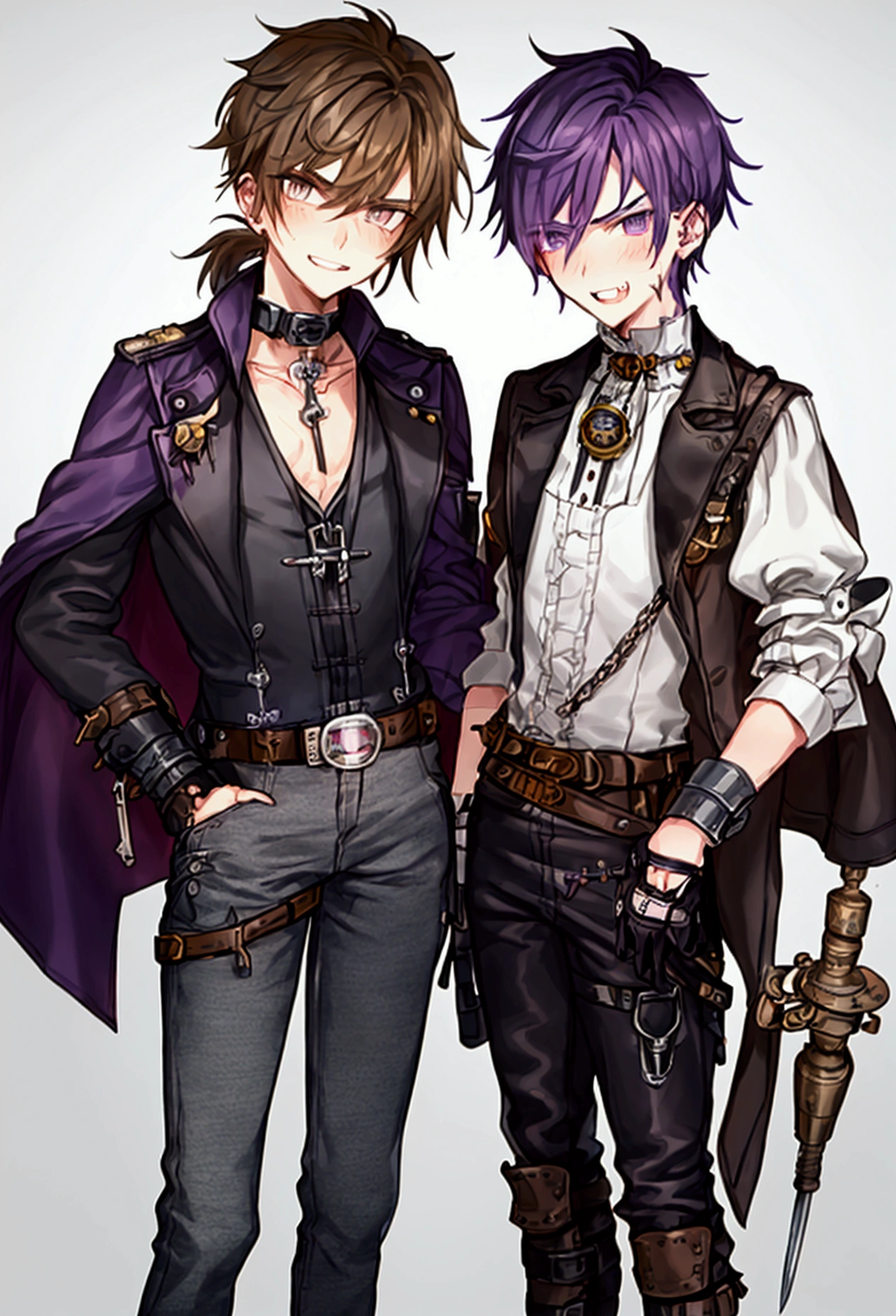 A Drawing with Identity V 2D style, with two boys, In the drawing you can see a: (( Person 1: white and freckled boy, short and wavy dark hair, light brown eyes and a Victorian Steampunk style suit, alchemist type, black gloves and Goggles on his head, He has feminine beauty and looks like a 14-year-old(( Person 2: is a boy 21 years old, with fair skin, messy brown hair is pulled into a short ponytail, with strands of hair sticking up from his head, thin, arched brown eyebrows, and warm grey eyes cross-stitched with black thread, the left of which is swollen purple, with a purplish-grey bruised eyelid obscuring half of his left eye. A tiny fang sticks out the left corner of his grinning mouth, revealing white teeth, He wears a slightly stained prisoner's shirt with a high collar and long, tapered sleeves, skinny jeans, and a leather belt with two satchels attached, in the left of which a hammer, some wire, rope, and a screwdriver are visible, and in the right of which a small wrench is visible. He also wears buckled leather boots with matching boot garters buckled up to his knees, and around his neck is a large metal shackle with a broken chain dangling from it. He also wears stained, filthy light grey cotton gloves with haphazard white stitching and thick cuffs. White linen bandages wrap around his neck and left forearm. A tear is visible in his left forearm, showing cotton stuffing. )) Person One is on top of Person 2 since he accidentally fell on top of him... Person Two is very surprised!; ((The background is a disorganized Victorian Steampunk workshop.))