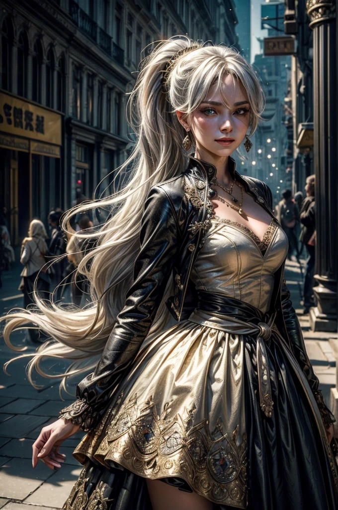 (masterpiece, best quality:1.2), cowboy shot, weissvale, smile, closed mouth, looking at viewer, long white hair, side ponytail, scar above eye, scar below eye, gold gala dress, jewelry, necklace, earrings, future_urban, outdoors, standing outside ornate palace, elegant crowd arriving for gala, futuristic cars, (volumetric lighting), intricate details, tonemapping, sharp focus, hyper detailed