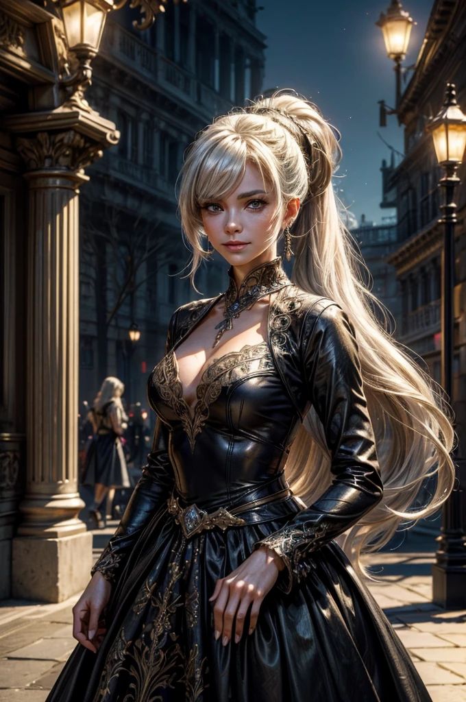 (masterpiece, best quality:1.2), cowboy shot, weissvale, smile, closed mouth, looking at viewer, long white hair, side ponytail, scar above eye, scar below eye, gold gala dress, jewelry, necklace, earrings, future_urban, outdoors, standing outside ornate palace, elegant crowd arriving for gala, futuristic cars, (volumetric lighting), intricate details, tonemapping, sharp focus, hyper detailed