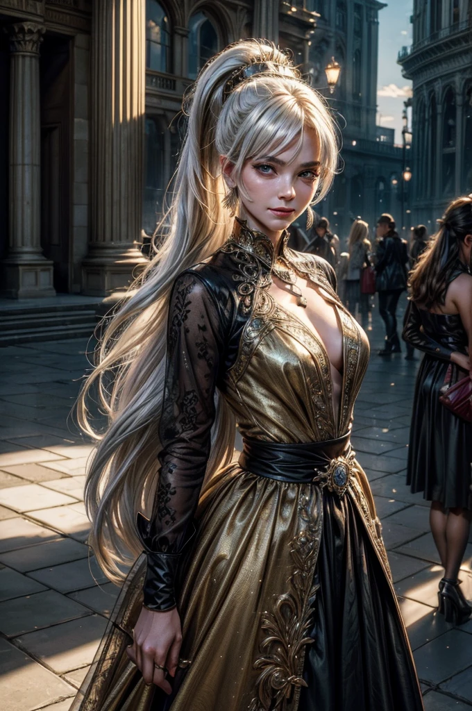 (masterpiece, best quality:1.2), cowboy shot, weissvale, smile, closed mouth, looking at viewer, long white hair, side ponytail, scar above eye, scar below eye, gold gala dress, jewelry, necklace, earrings, future_urban, outdoors, standing outside ornate palace, elegant crowd arriving for gala, futuristic cars, (volumetric lighting), intricate details, tonemapping, sharp focus, hyper detailed