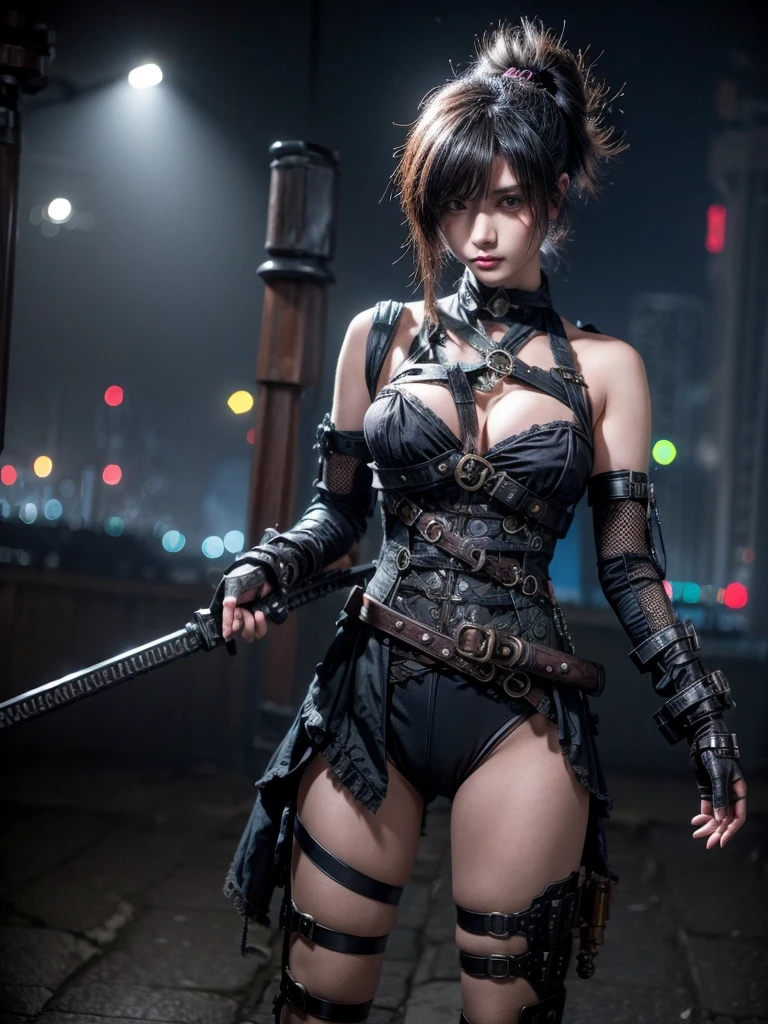 Steampunk Ninja Girl, weapon, Mesh Suit, Steampunk City, Night