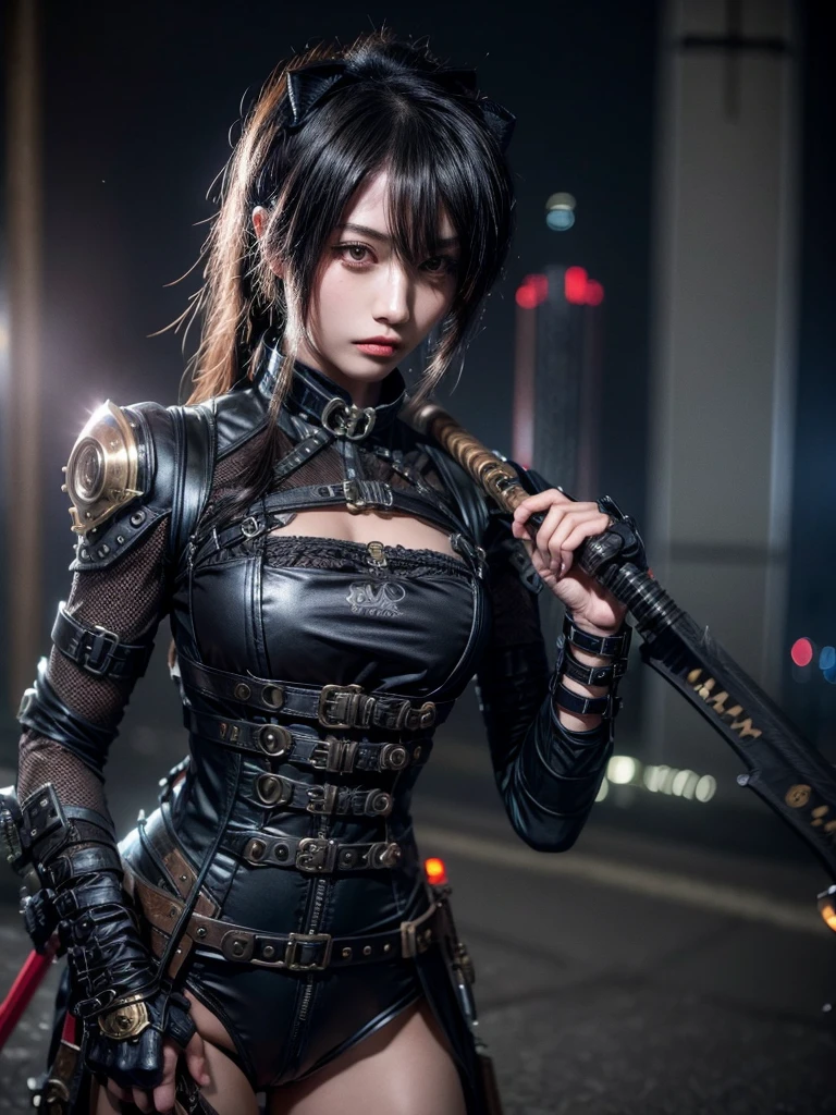 Steampunk Ninja Girl, weapon, Mesh Suit, Steampunk City, Night