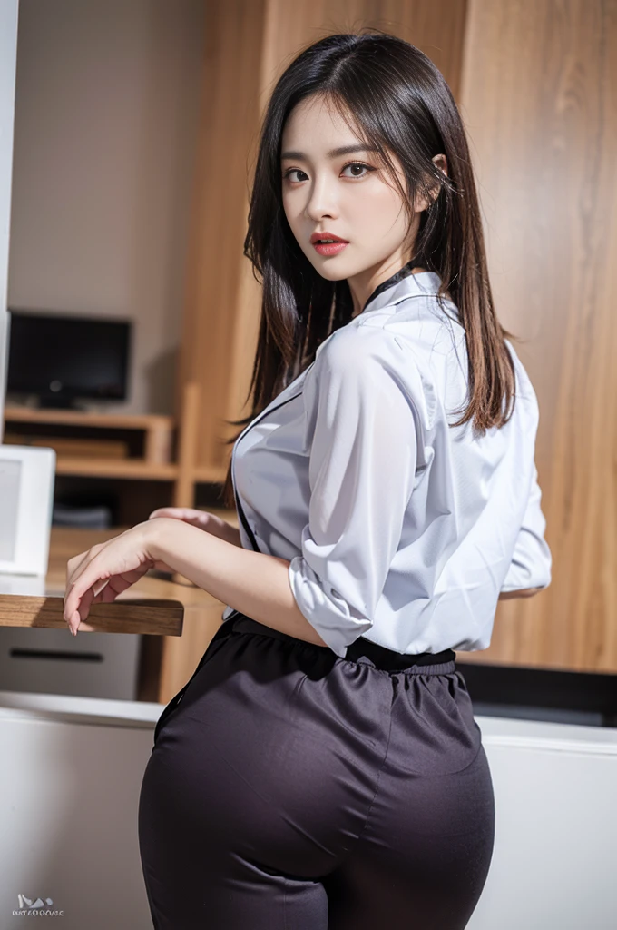 (best qualtiy,8k,32K,tmasterpiece,,realisticlying,The is very detailed, hyper HD:1.2),1girll, Female celebrities,Exquisitehands, a narrow waist,Purple top,Open jacket,office lady,Business suit,trouser,from back,office room,Office desk,(stick out buttocks:1.2),Cocked buttocks,Detailed face,short detailed hair,absurderes,Background bokeh, satin flowing pant, protruding beautiful wide hips