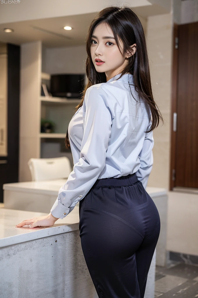 (best qualtiy,8k,32K,tmasterpiece,,realisticlying,The is very detailed, hyper HD:1.2),1girll, Female celebrities,Exquisitehands, a narrow waist,Purple top,Open jacket,office lady,Business suit,trouser,from back,office room,Office desk,(stick out buttocks:1.2),Cocked buttocks,Detailed face,short detailed hair,absurderes,Background bokeh, satin flowing pant, protruding beautiful wide hips