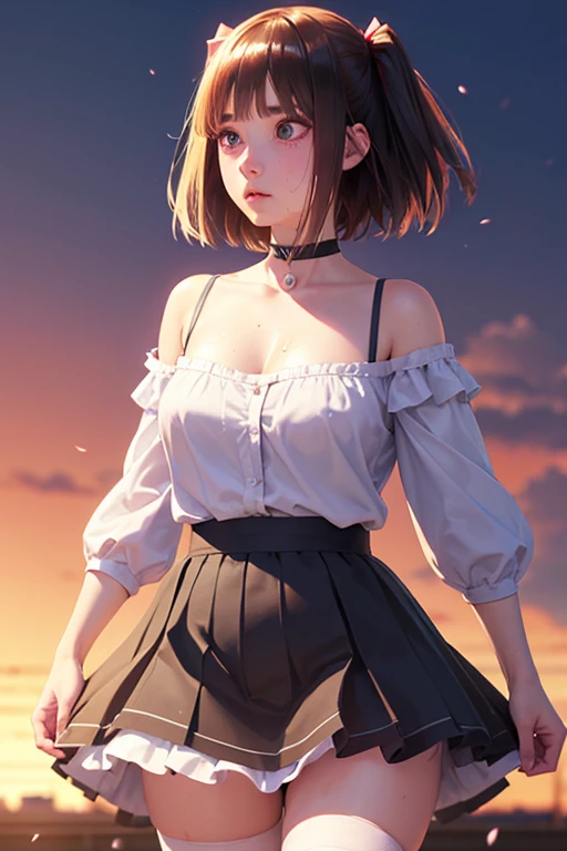 One Girl,masterpiece,Highest quality,stockings,Checked mini skirt)、ＪＫ,,Are standing,full length,Mid-chest,Very detailed,[[Realistic]],Beautiful and attractive anime ,Enchanting anime girl,Swinging skirt,blue eyes, hair ornaments, Hair Ribbon,Show your forehead、Twin tails、Accentuate your cleavage、Random color see-through uniform、Lace choker, short hair,,Very good,,Very detailed肌, Realistic texture、Very detailed顔, (Beautiful Eyes, ,The girl has a toned figure.., Intricate details,Closely、Embarrassed expression、blush、Shining Sweat、Perfect Skin,Sweat is noticeable,胸の谷間のSweat is noticeable、太もものSweat is noticeable、 Fair skin,Tight waist, Sweating profusely、Sweaty hair、Clothes that become transparent due to sweat、Sweaty、visible sweat、Sweaty hair、Athlete System、Fluttering cherry blossoms、Night cityscape。Reflection of light、moonlight、Sleeveless、Off the shoulder、
