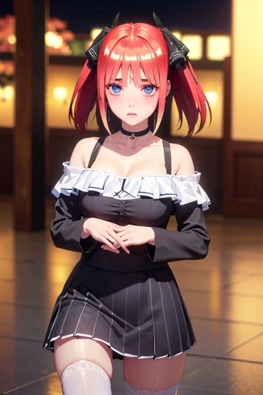One Girl,masterpiece,Highest quality,stockings,Checked mini skirt)、ＪＫ,,Are standing,full length,Mid-chest,Very detailed,[[Realistic]],Beautiful and attractive anime teen,Enchanting anime girl,Swinging skirt,blue eyes, hair ornaments, Hair Ribbon,Show your forehead、Twin tails、Accentuate your cleavage、Random color see-through uniform、Lace choker, short hair,,Very good,,Very detailed肌, Realistic texture、Very detailed顔, (Beautiful Eyes, ,The girl has a toned figure.., Intricate details,Closely、Embarrassed expression、blush、Shining Sweat、Perfect Skin,Sweat is noticeable,胸の谷間のSweat is noticeable、太もものSweat is noticeable、 Fair skin,Tight waist, Sweating profusely、Sweaty hair、Clothes that become transparent due to sweat、Sweaty、visible sweat、Sweaty hair、Athlete System、Fluttering cherry blossoms、Night cityscape。Reflection of light、moonlight、Sleeveless、Off the shoulder、