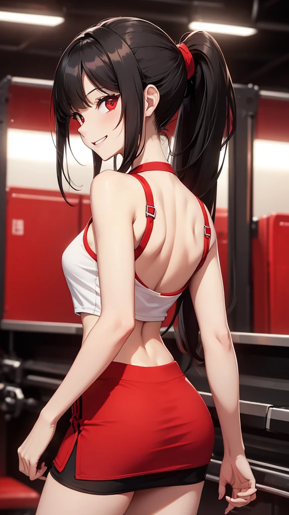 Slim beautiful woman, White skin, Whole body, Red shirt, black mini skirt, bare legs, bare arms, black black hair,, hair ponytail, back view, smiling, Red eyes, chocolate factory background.