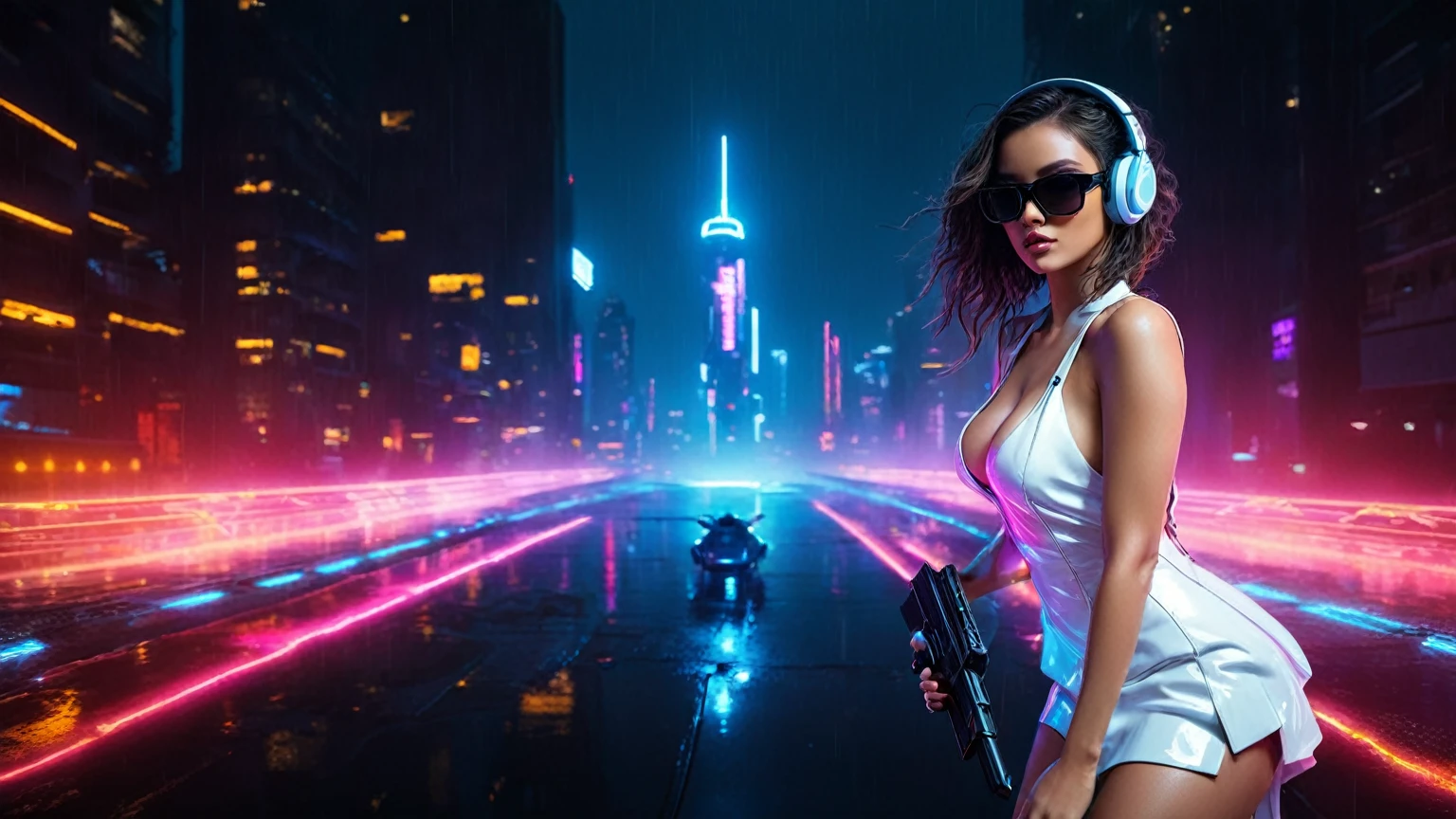 (aerial view, a flying cars docking platform, a very dark abandoned futuristic city, neon lights), rainy night. (((1girl, solo, alone))), large-breast:1.2 slim body, cleavage:1.1, sexy wind blowing wet dress:1.4, (((((headphone, black sunglasses, standing and holding pistol:1.8, dynamic rushing pose))))), (((((half-body thigh level medium shot))))), cinematic lighting, lens flare, ray tracing.