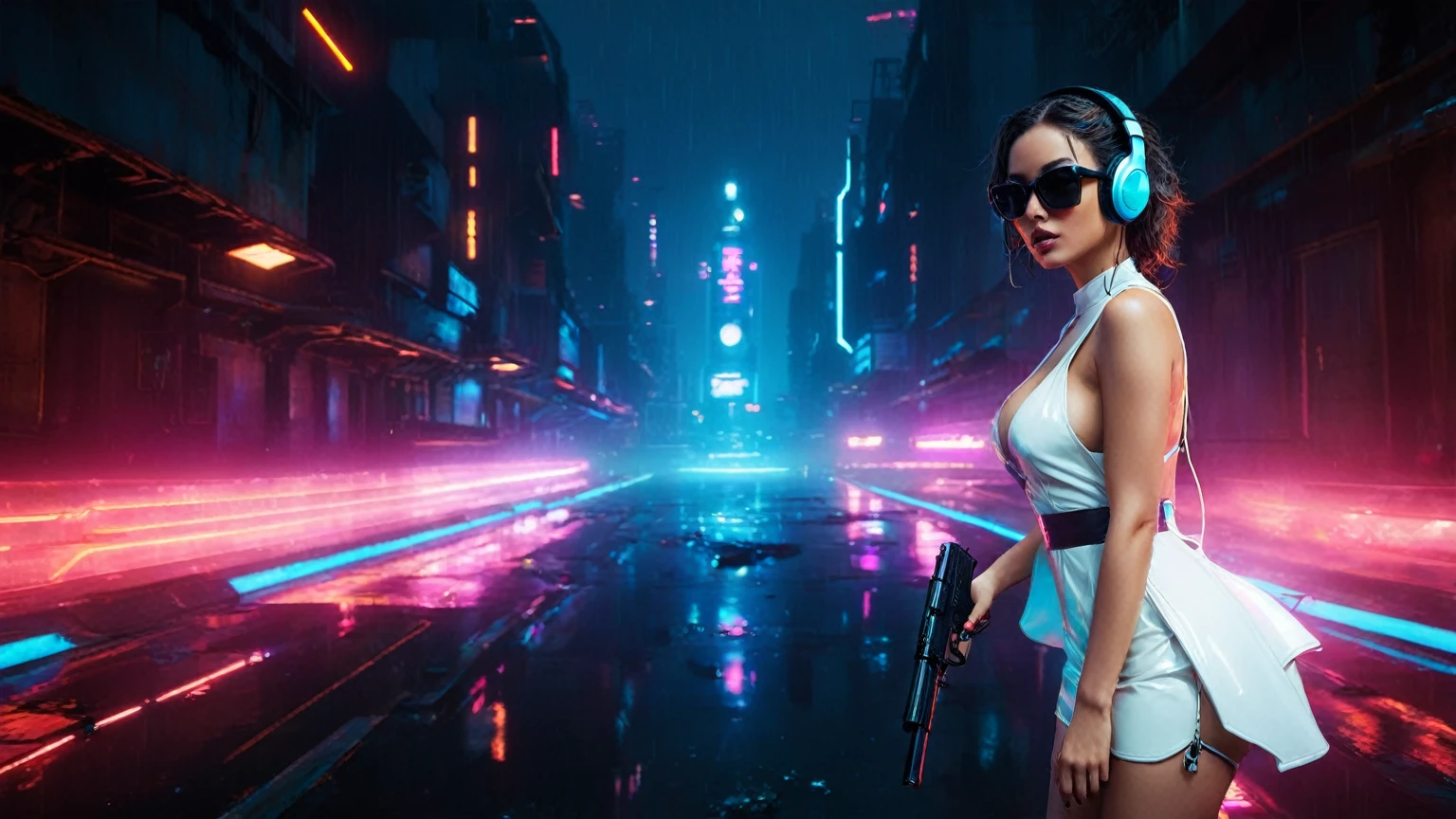 (aerial view, a flying cars docking platform, a very dark abandoned futuristic city, neon lights), rainy night. (((1girl, solo, alone))), large-breast:1.2 slim body, cleavage:1.1, sexy wind blowing wet dress:1.4, (((((headphone, black sunglasses, standing and holding pistol:1.8, dynamic rushing pose))))), (((((half-body thigh level medium shot))))), cinematic lighting, lens flare, ray tracing.