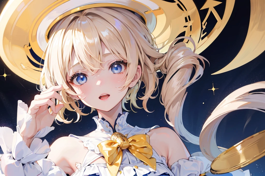 (Highest quality)　(4K)　(8k)　(High resolution)　(masterpiece:1.2)　(Super detailed)　One girl　short hair　witch　Blue Eyes　Long sleeve　Golden decoration　Hair between the eyes　White Dress　Wavy golden hair　Upper Body　(White Background)　front　Face close-up　Cast a spell　White hat