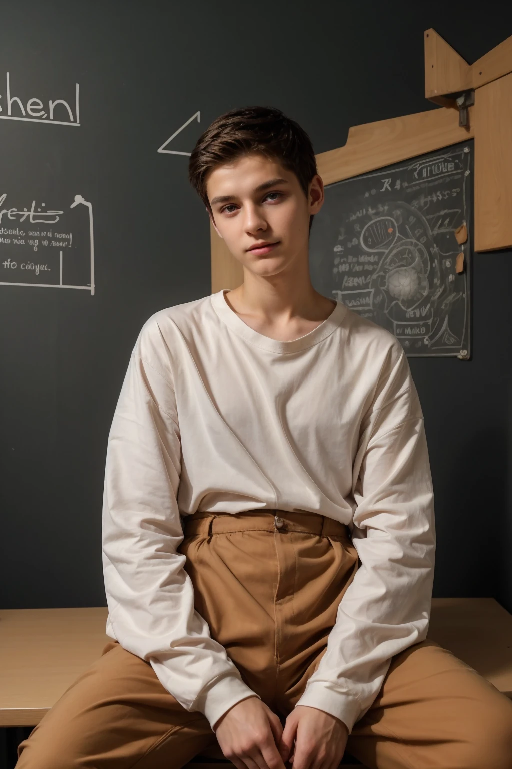 A young male twink, 22 years old, with a cute, angel-faced face with makeup and black hair, wearing a luxurious, long-sleeved, white shirt and brown medieval pants. Behind him is a blackboard with the shape of the brain, its anatomy, and brain cells written on it. He looks proudly as he sits at a desk with medical tools on it. He has an innocent face